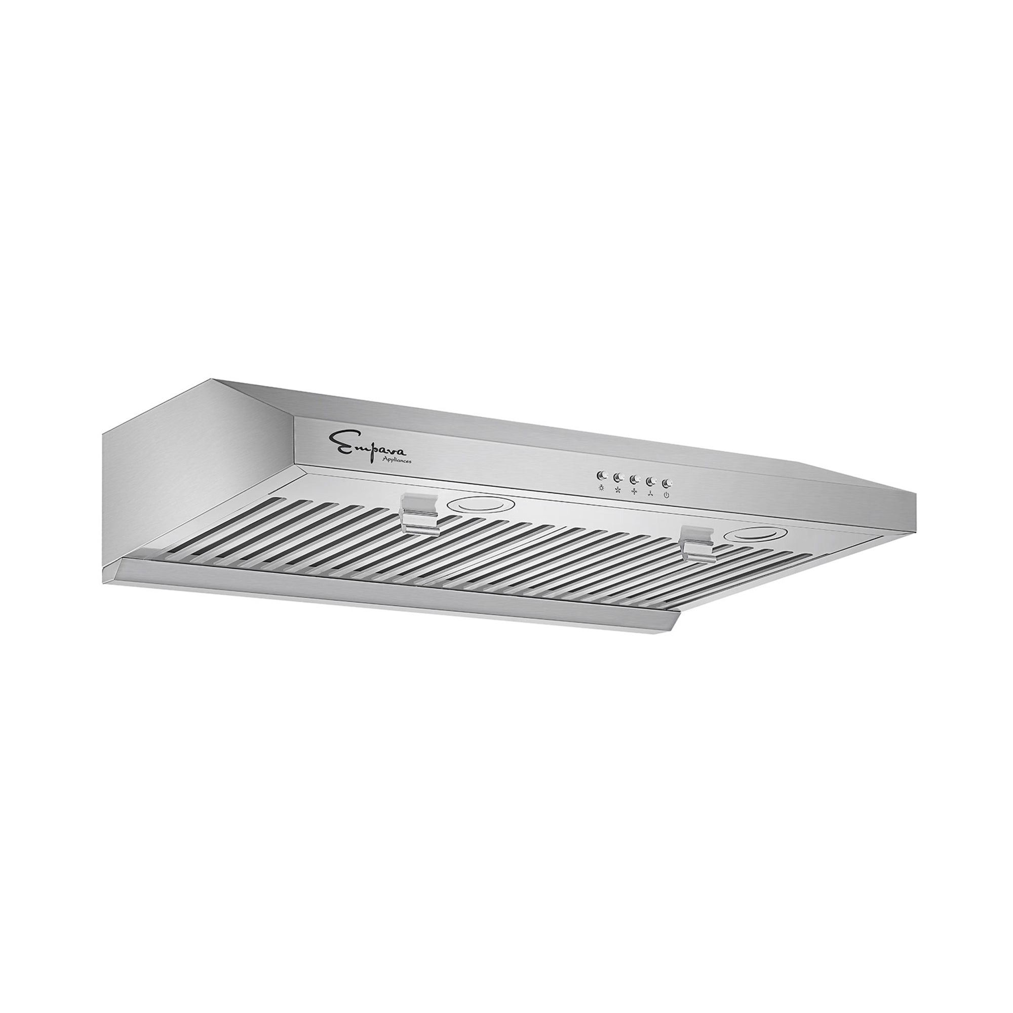 An Empava 30 in. Kitchen 400 CFM Ultra Slim Ducted Under Cabinet Range Hood with a sleek stainless steel design is mounted under a kitchen cabinet. It features front control buttons, two LED lights, and a vent system with metal filters for effective air circulation and purification.