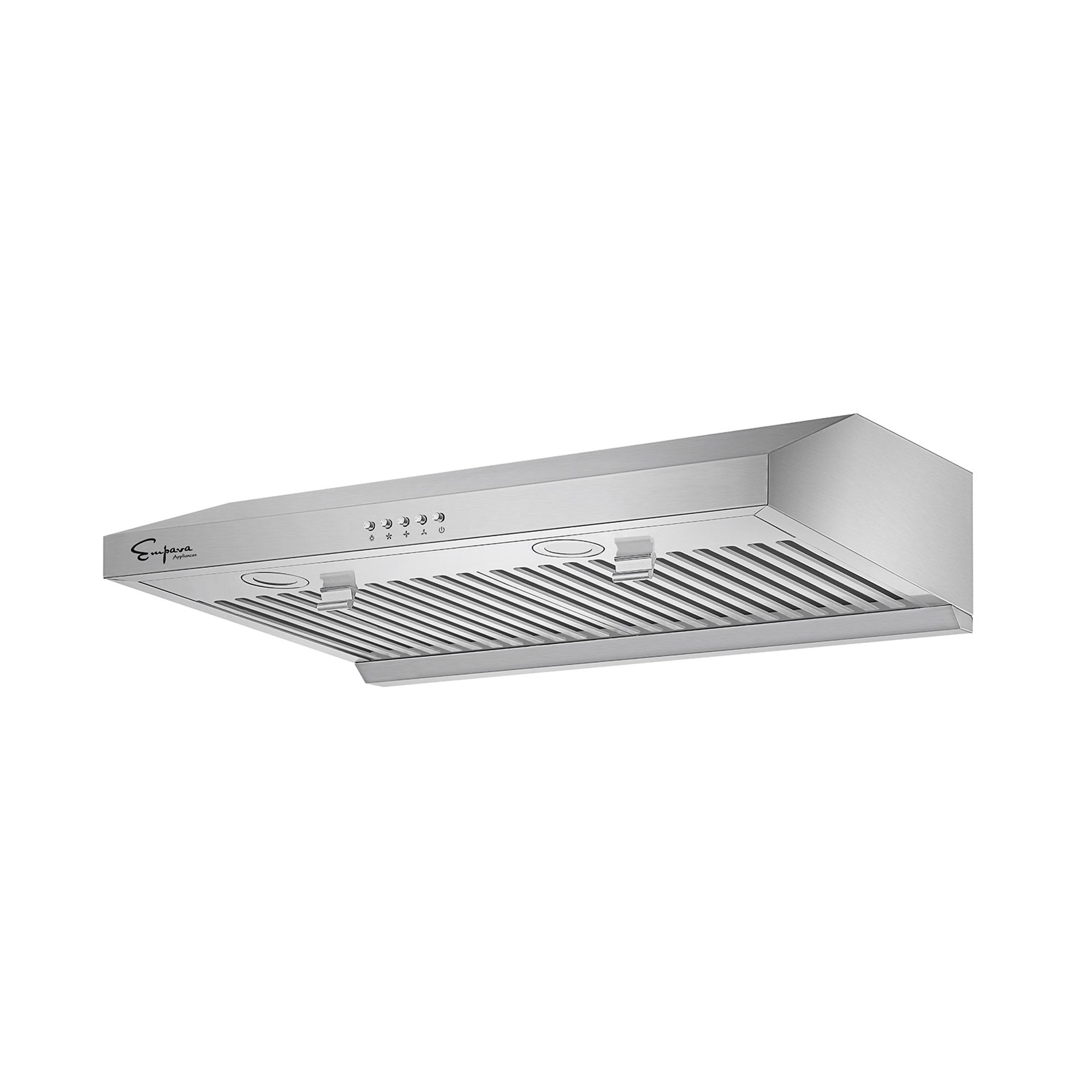 The Empava 30 in. Kitchen 400 CFM Ultra Slim Ducted Under Cabinet Range Hood features a sleek stainless steel design with vent grilles, two push buttons, and a digital control panel. It offers modern and functional kitchen ventilation with impressive airflow levels of 400 CFM. The brand logo is prominently visible on the left side of the hood.