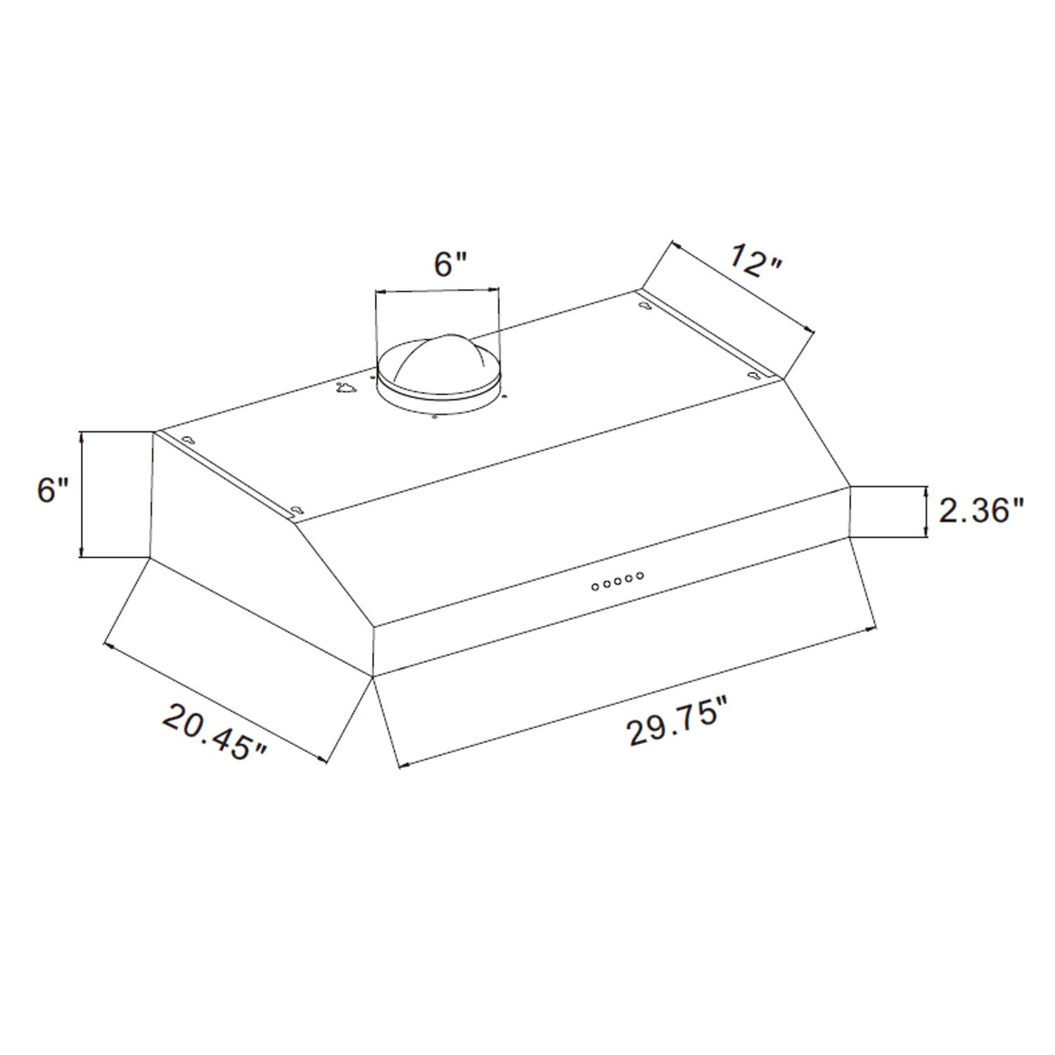 A black and white line drawing of the Empava 30 in. Kitchen 400 CFM Ultra Slim Ducted Under Cabinet Range Hood from various angles, with dimensions: 29.75 inches in width, 20.45 inches in depth, and 6 inches in height. Other dimensions include a 6-inch circular duct, a top depth of 12 inches, and a side vent height of 2.36 inches.