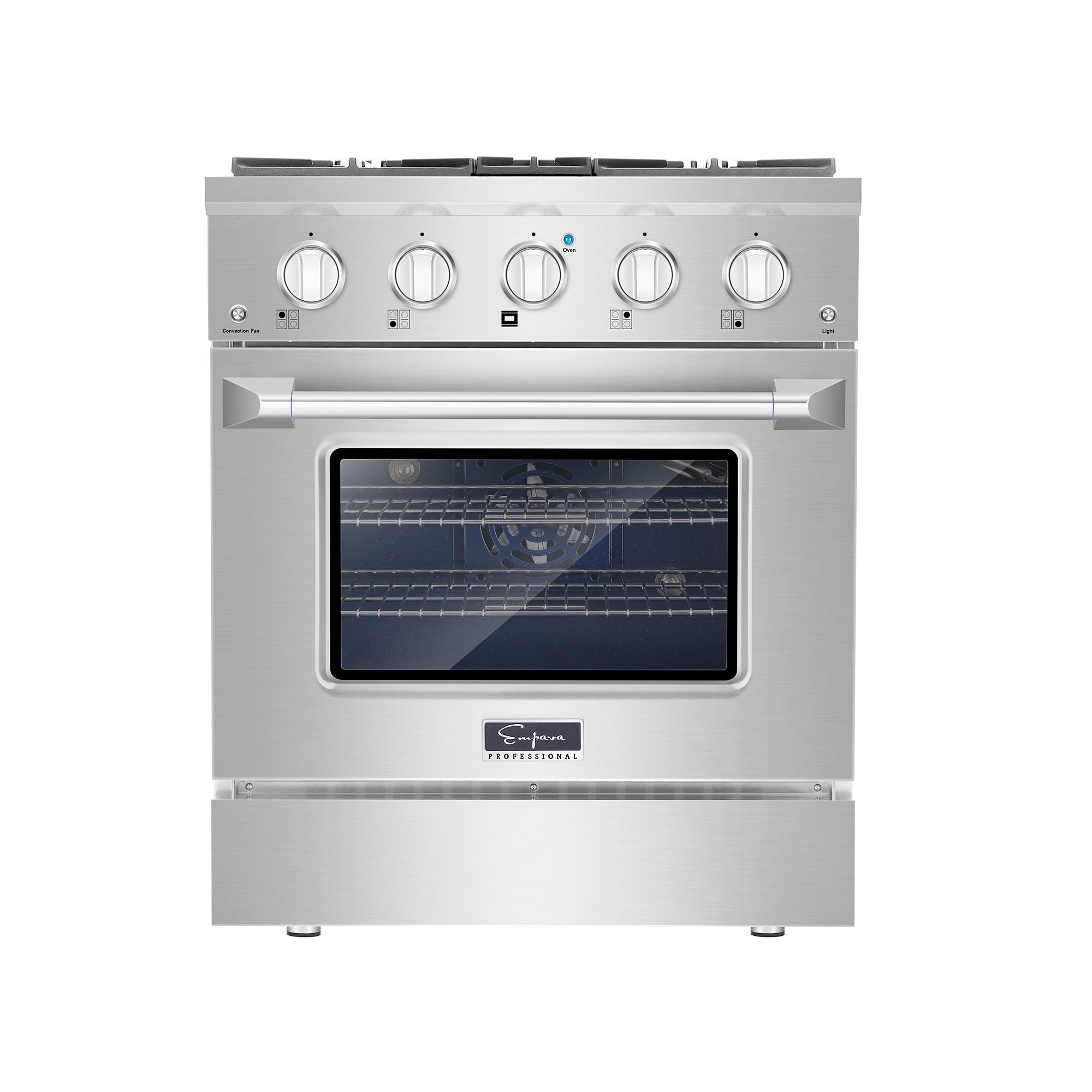 The Empava 30 in. Pro-Style Slide-In Single Oven Gas Range is a sleek, modern stainless steel kitchen stove featuring four gas burners on top and an oven with a transparent window and control knobs above the oven door. The brand logo is prominently visible at the bottom of the oven door.