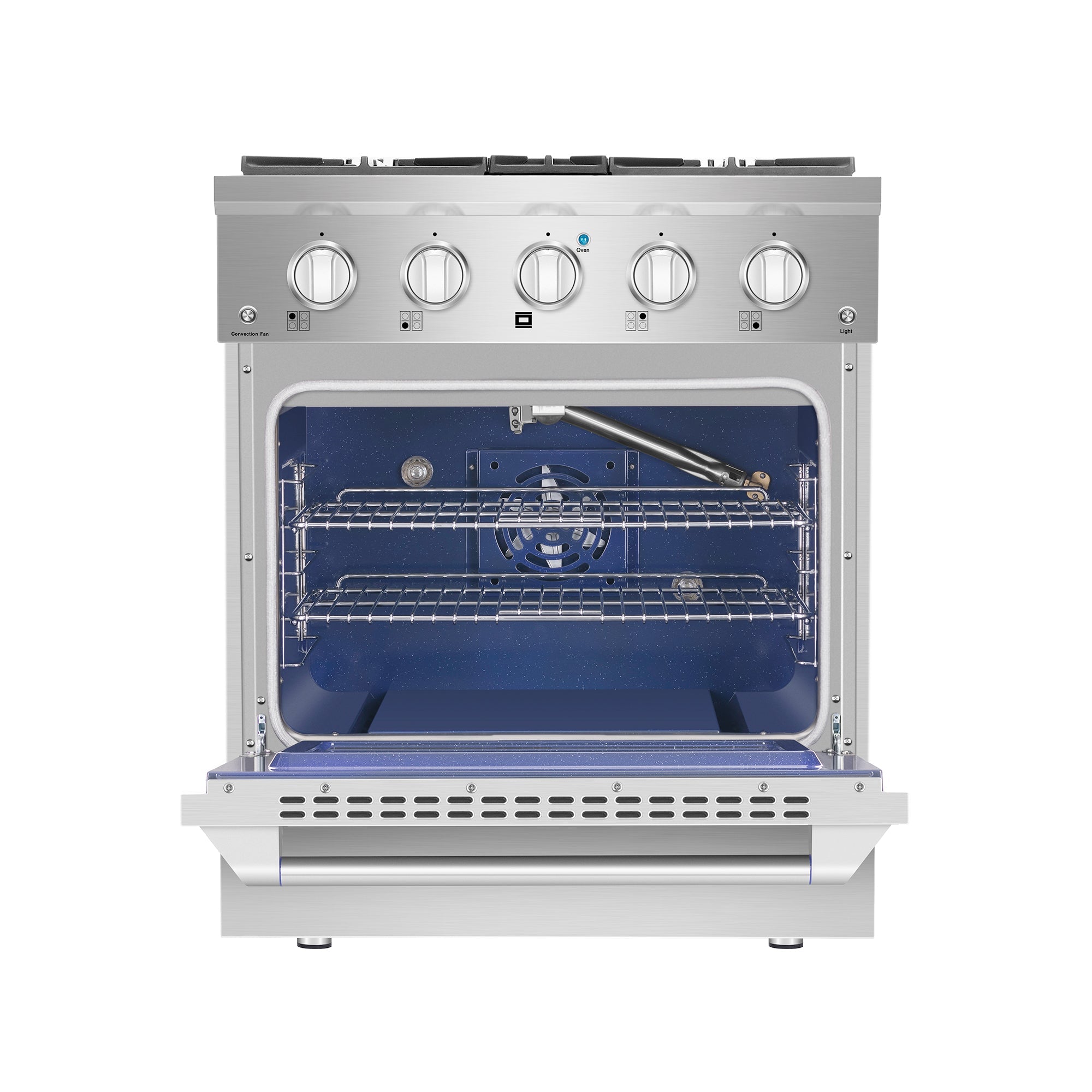 The image shows the Empava 30 in. Pro-Style Slide-In Single Oven Gas Range with its stainless steel door open, revealing the blue interior. This appliance features multiple control knobs on the front panel, two adjustable wire racks inside, a fan at the back wall, and a light on the right interior side.