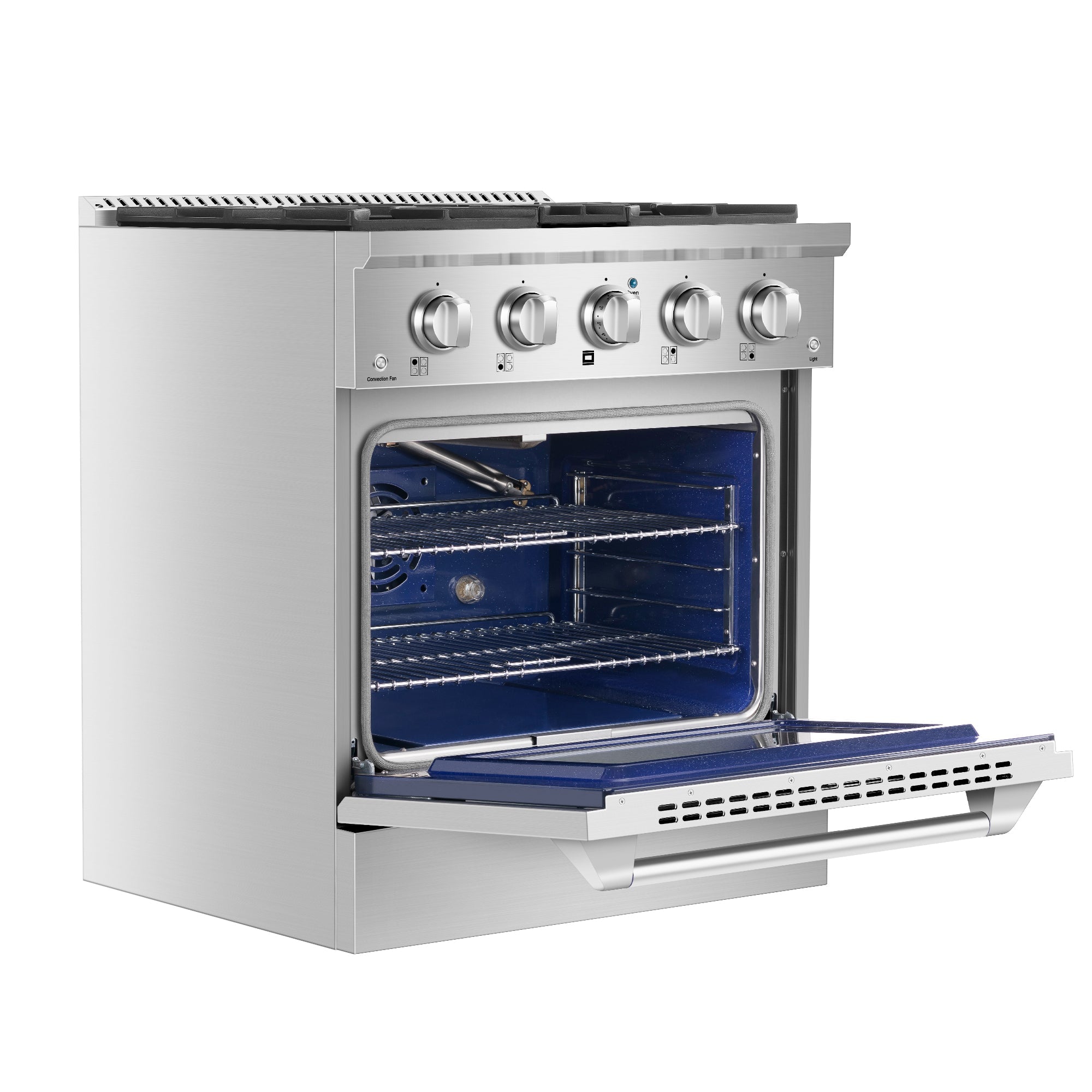 A contemporary Empava 30 in. Pro-Style Slide-In Single Oven Gas Range with an open door, highlighting its blue interior. This stainless steel oven features four control knobs and multiple racks inside, optimized for baking and roasting. Its sleek design makes it a perfect addition to any modern kitchen.