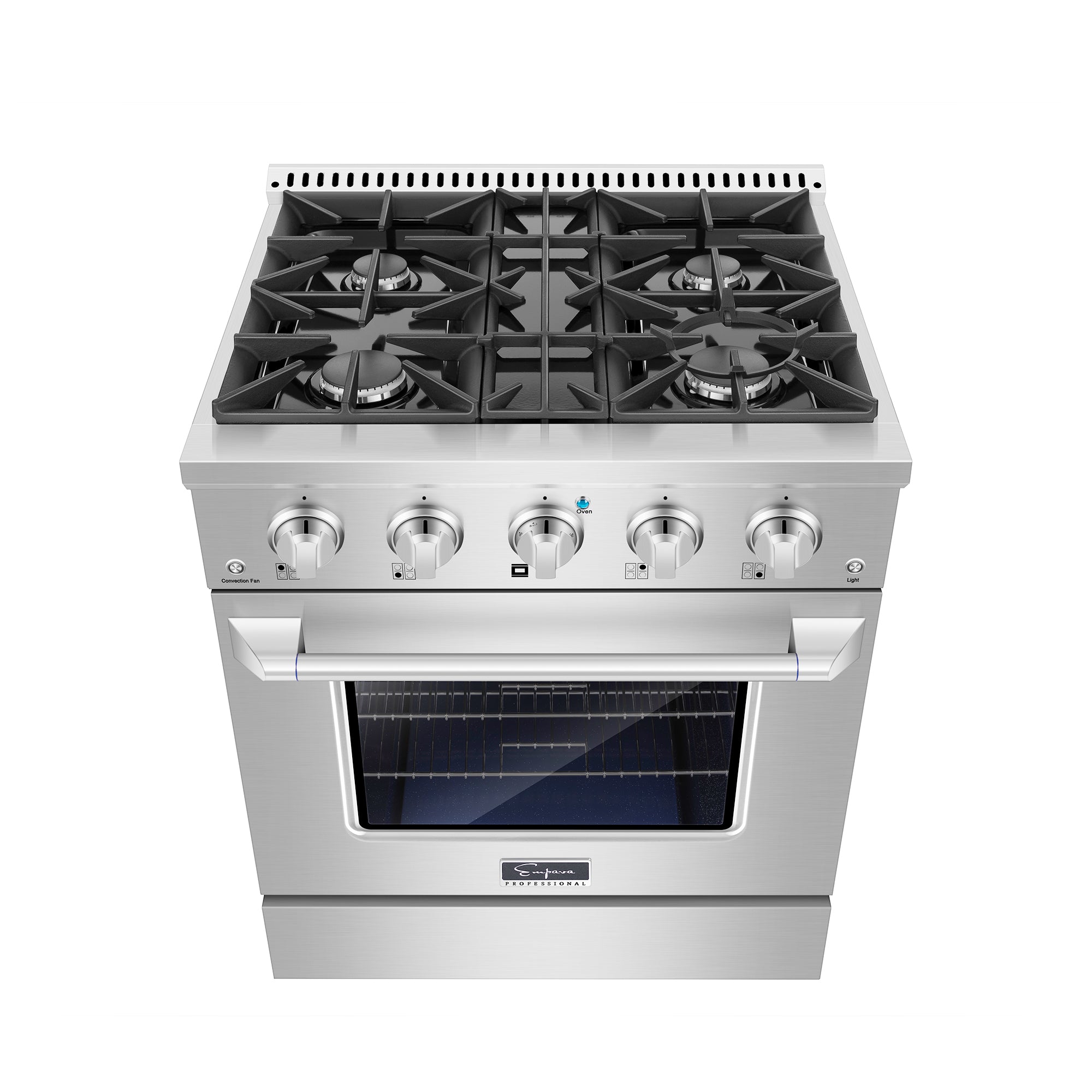 The Empava 30 in. Pro-Style Slide-In Single Oven Gas Range features four burners on the stovetop and a spacious oven below. The oven door includes a transparent window and a handle. Below the burners are four control knobs for the burners as well as additional buttons for oven settings, providing both style and functionality.