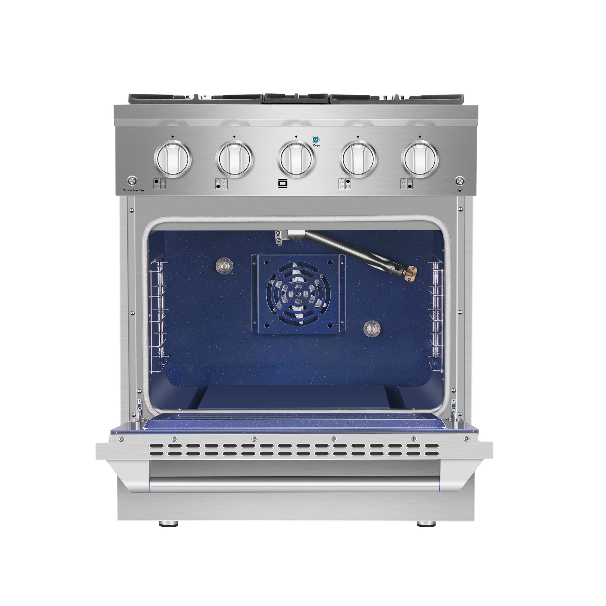 The Empava 30 in. Pro-Style Slide-In Single Oven Gas Range features a stainless steel design with an open door that reveals a striking blue interior. On the top front panel, you'll find four burner control knobs. Inside the oven, there are durable metal racks and a visible fan on the back wall for optimal air circulation.