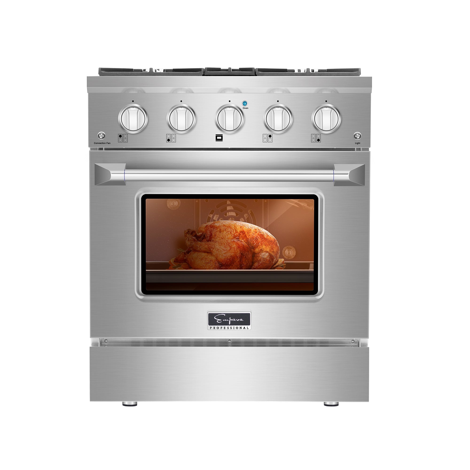 The Empava 30 in. Pro-Style Slide-In Single Oven Gas Range features a stainless steel build with four top knobs, a roasted chicken visible through the illuminated oven door window, and showcases cooking food inside. It boasts a sleek, modern design with a professional finish.