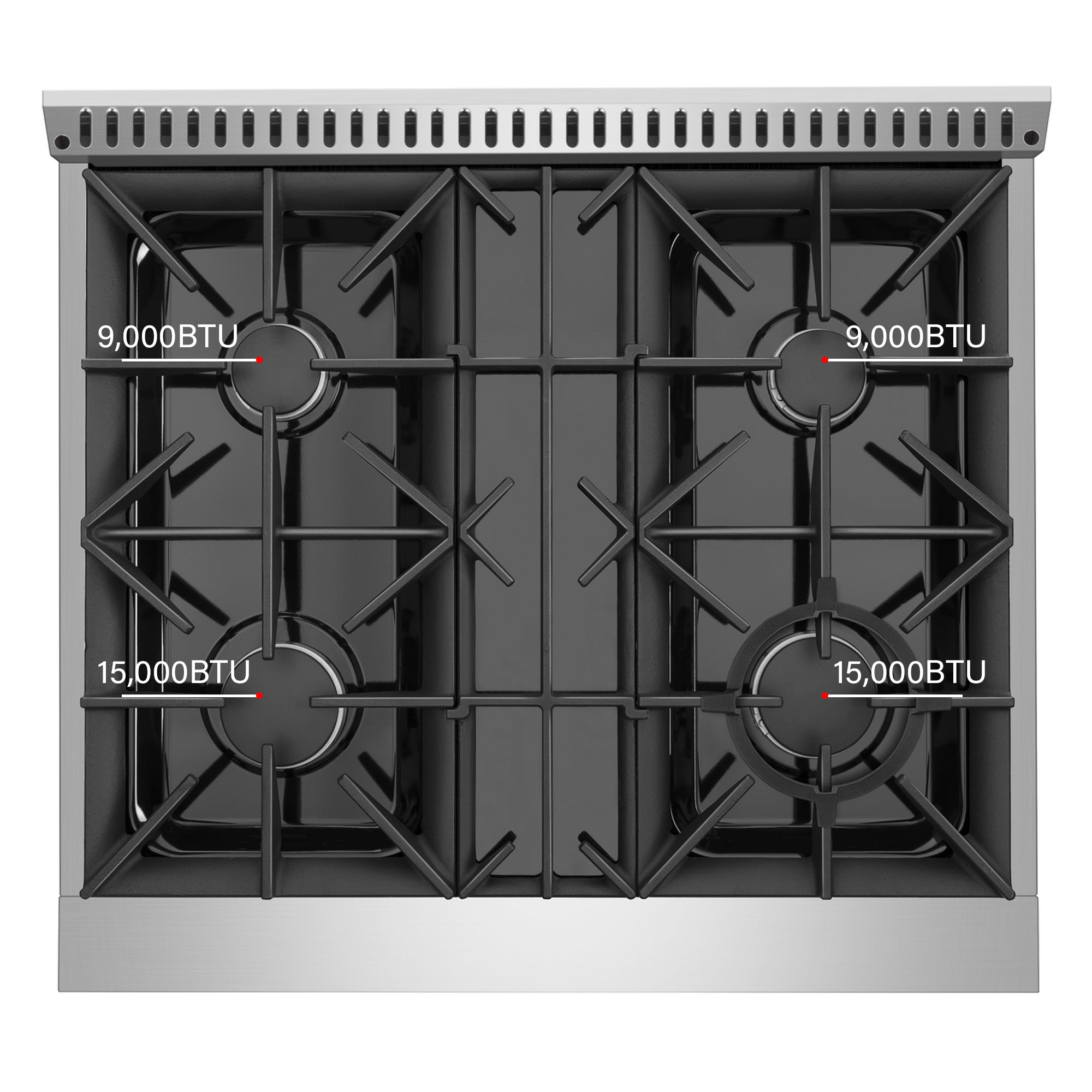 A top-down view of the Empava 30 in. Pro-Style Slide-In Single Oven Gas Range with four burners and cast iron grates. The left front and right front burners are labeled 15,000 BTU, while the left back and right back burners are labeled 9,000 BTU. The stove features a sleek stainless steel finish.