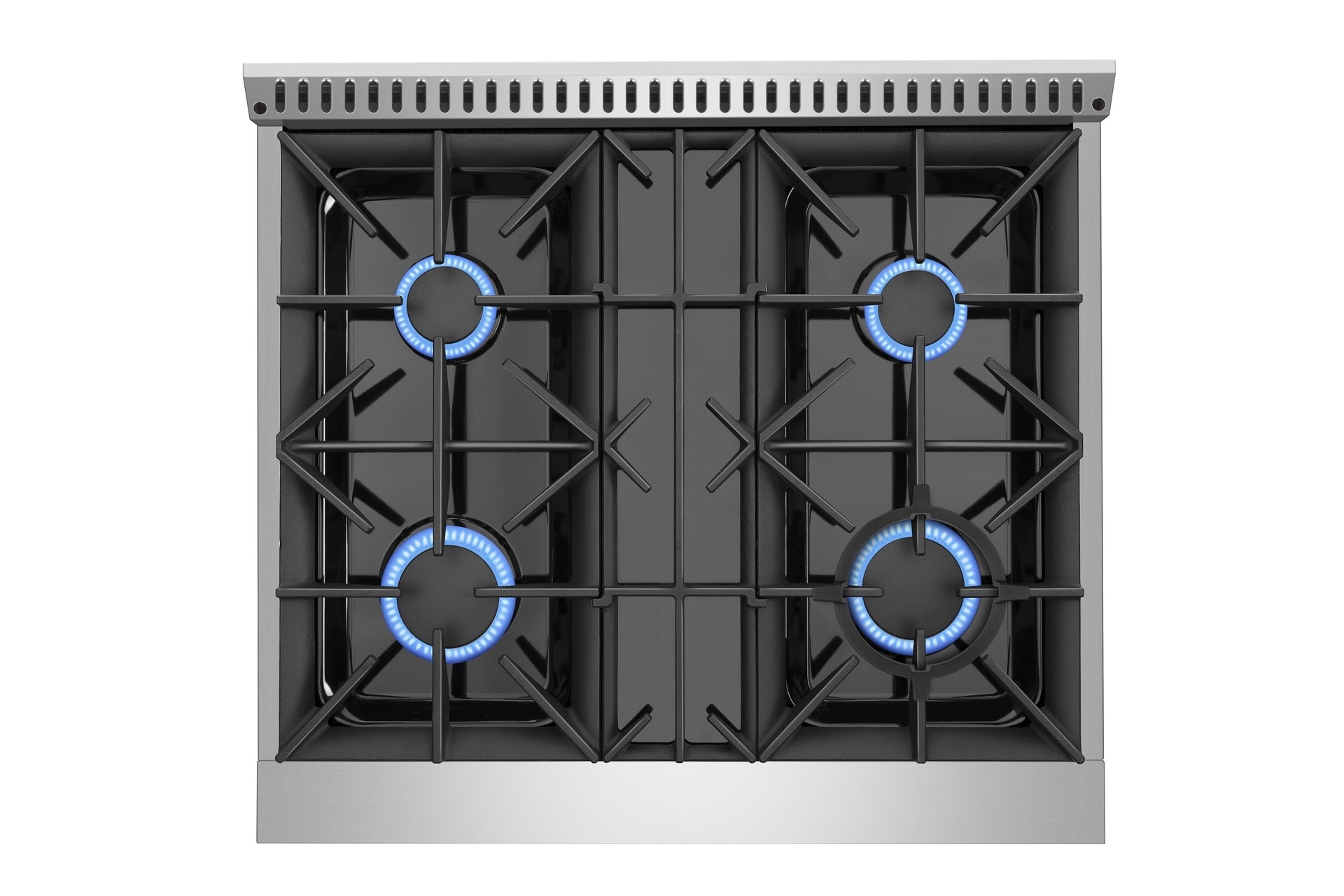 A top view of the Empava 30 in. Pro-Style Slide-In Single Oven Gas Range showcases its stainless steel gas stovetop with four burners. Three of the burners are ignited, emitting blue flames, while one burner remains off. The stovetop is equipped with black cast iron grates and a metallic control panel located at the front edge.