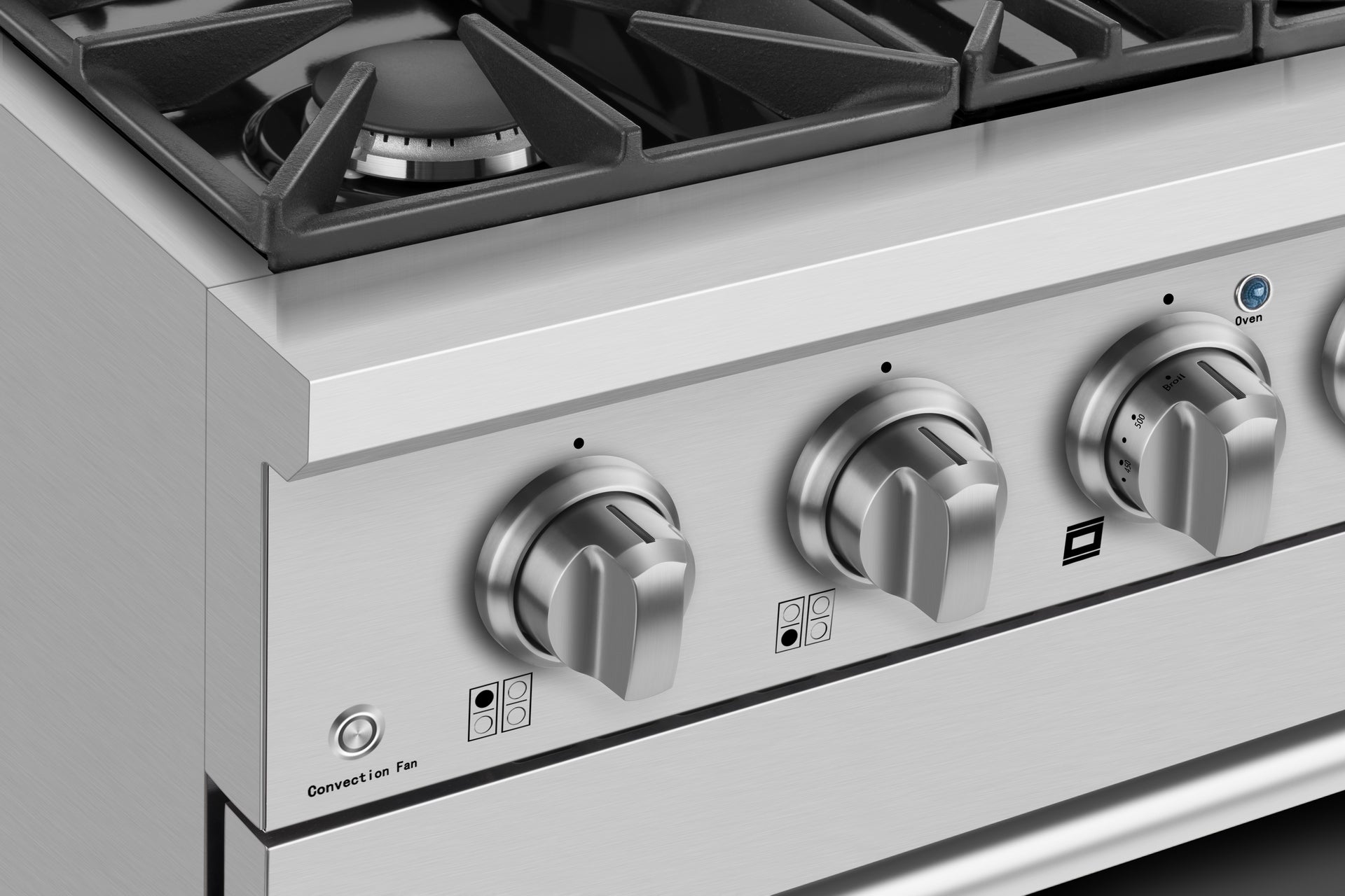 A close-up image of the Empava 30 in. Pro-Style Slide-In Single Oven Gas Range showcases its stainless steel gas stove with three clearly marked and icon-labeled control knobs. The stove features a variety of burners and boasts a sleek, modern design.