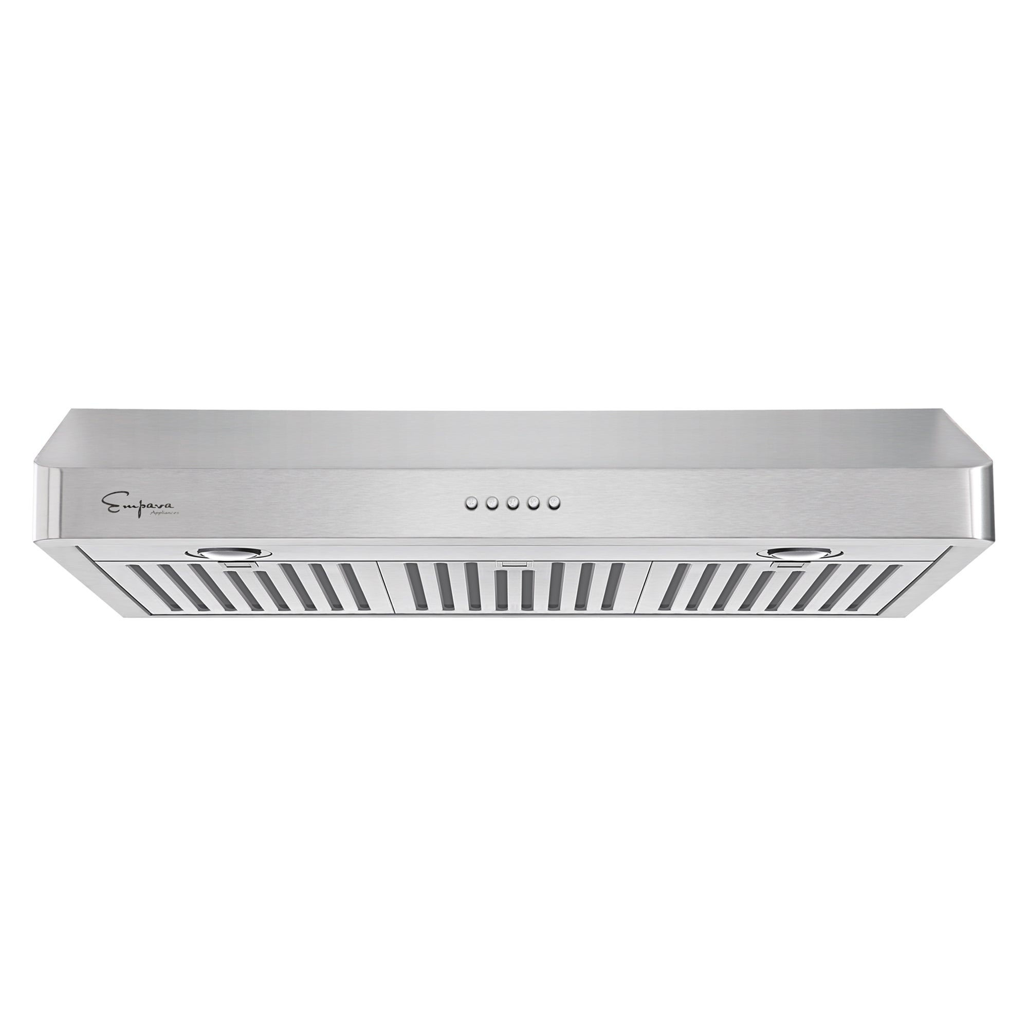 The Empava 36 In. 500 CFM Ducted Under Cabinet Range Hood features a powerful motor, incorporating two LED lights and five control buttons centrally positioned at the front. Its modern, sleek design includes horizontal slats underneath for ventilation, providing multiple airflow levels to meet your kitchen needs.