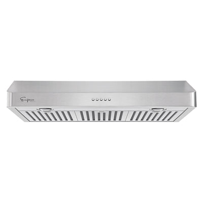 The Empava 36 In. 500 CFM Ducted Under Cabinet Range Hood features a powerful motor, incorporating two LED lights and five control buttons centrally positioned at the front. Its modern, sleek design includes horizontal slats underneath for ventilation, providing multiple airflow levels to meet your kitchen needs.