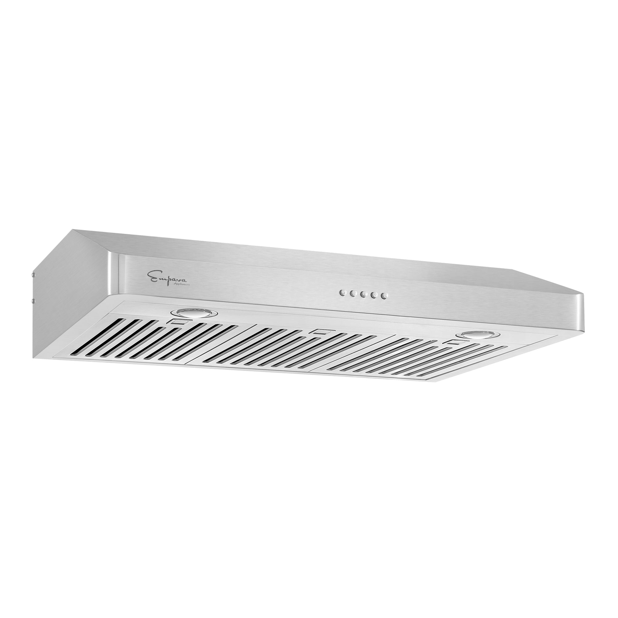 The Empava 36 In. 500 CFM Ducted Under Cabinet Range Hood is a sleek stainless steel appliance featuring horizontal vents and integrated lights underneath. Its minimalist design includes a logo on the upper left corner and control buttons on the top front panel, providing efficient ventilation with 500 CFM airflow levels.