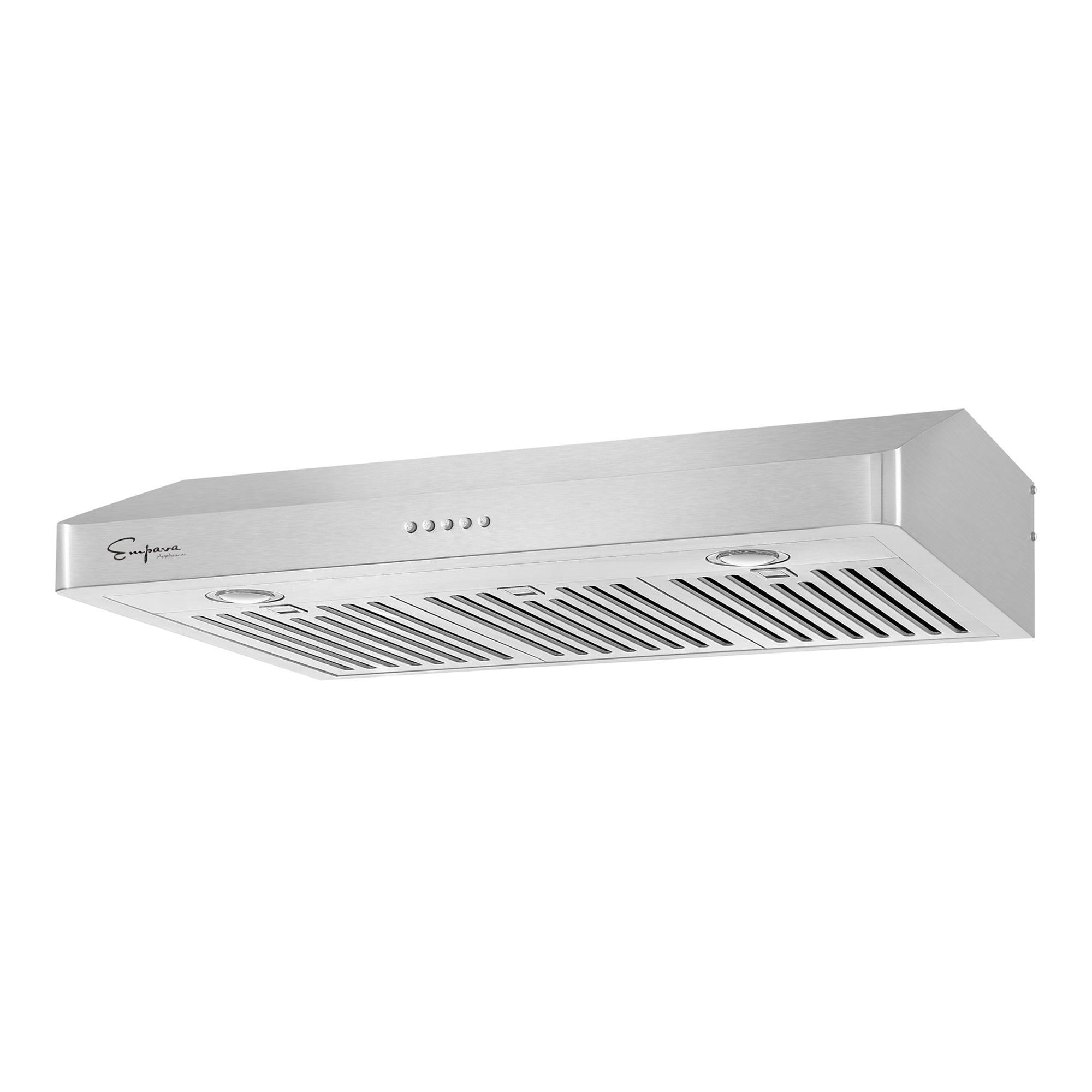 The Empava 36 In. 500 CFM Ducted Under Cabinet Range Hood boasts a stainless steel finish and a contemporary design, featuring front-edge control buttons, dual LED lights, and multiple vent panels to ensure efficient airflow up to 500 CFM.