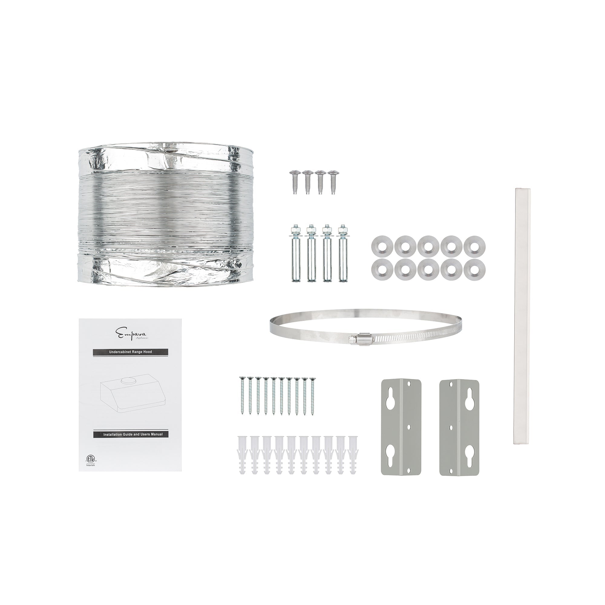 A collection of various HVAC installation components, including a coiled foil duct, screws, wall anchors, washers, metal brackets, a clamp, and an instruction manual. All items are neatly laid out against a white background to ensure optimal airflow levels for your Empava 36 In. 500 CFM Ducted Under Cabinet Range Hood.