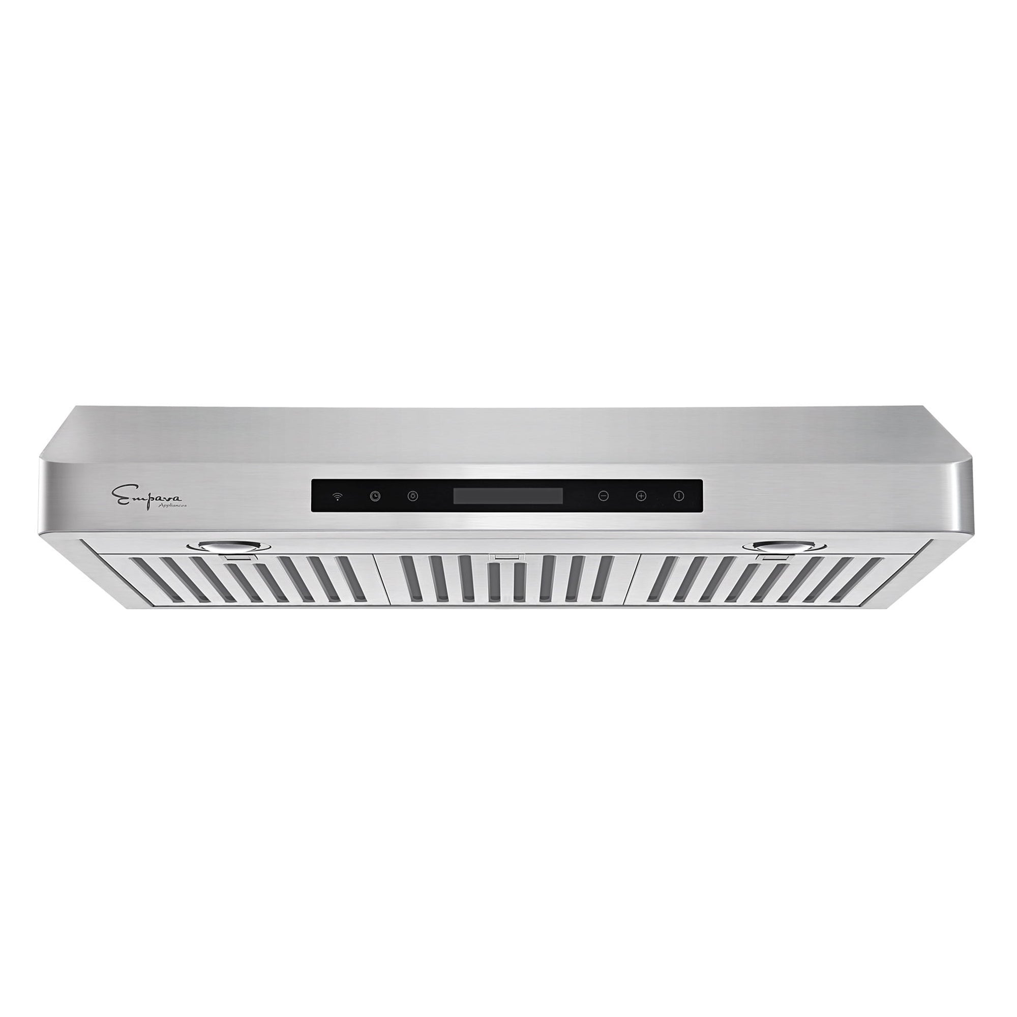 Empava 36 In. 500 CFM Ducted Under Cabinet Range Hood offers a modern stainless steel design with a sleek appearance. It boasts a centrally located control panel with buttons and comes equipped with two LED lights underneath. With its powerful 500 CFM, the hood features vent filters on its underside to capture smoke and grease, and it also includes an automatic shut-off feature for added convenience.