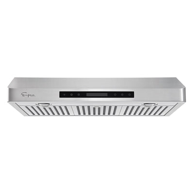 Empava 36 In. 500 CFM Ducted Under Cabinet Range Hood offers a modern stainless steel design with a sleek appearance. It boasts a centrally located control panel with buttons and comes equipped with two LED lights underneath. With its powerful 500 CFM, the hood features vent filters on its underside to capture smoke and grease, and it also includes an automatic shut-off feature for added convenience.