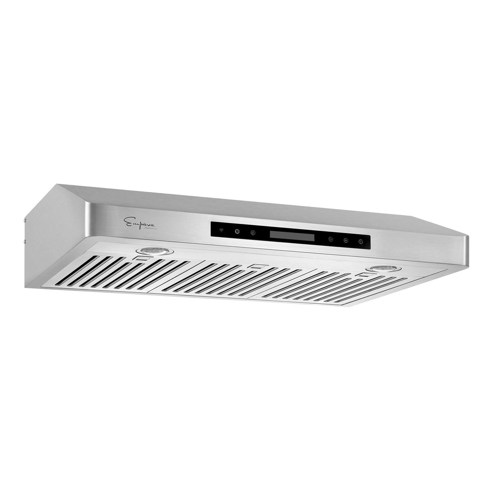 The Empava 36 In. 500 CFM Ducted Under Cabinet Range Hood showcases a stainless steel build with a digital control panel on the front. It includes two LED lights, multiple venting slots on the underside, and delivers an impressive 500 CFM airflow. The brand logo is prominently displayed on the left side of the front panel. Boasting a sleek and modern design, it also comes with a remote control for added convenience.