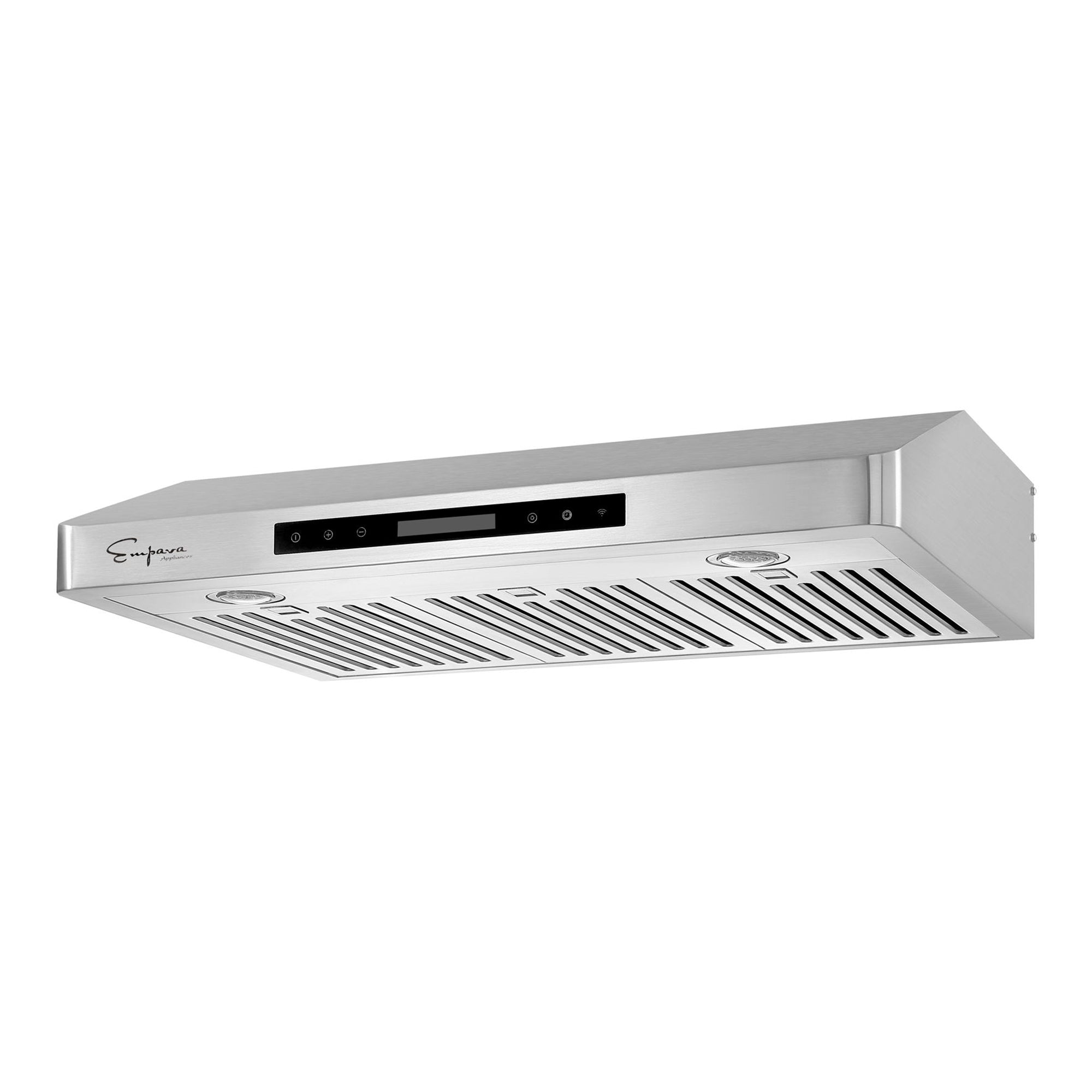 The Empava 36 In. 500 CFM Ducted Under Cabinet Range Hood is a stainless steel appliance with a digital display screen and control buttons. It features two LED lights, three vented panels for air filtration, and offers a powerful 500 CFM airflow. For added convenience, it also includes an automatic shut-off function.