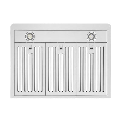 The Empava 36 In. 500 CFM Ducted Under Cabinet Range Hood features a stainless steel build with three evenly spaced vent covers and two circular LED lights located in the top left and right corners. The design includes vertical slats for ventilation, exuding a modern minimalist appearance along with its powerful 500 CFM airflow capability.