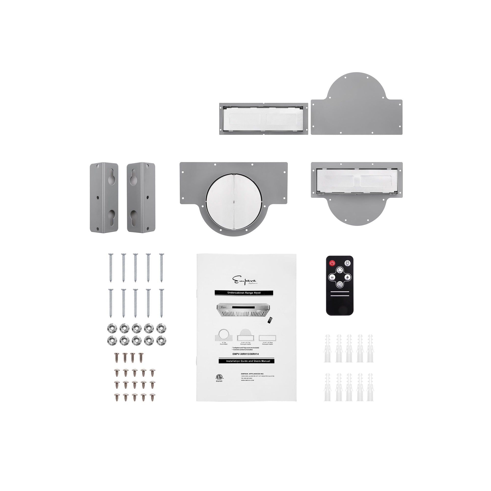 A set of mounting hardware and components for the Empava 36 In. 500 CFM Ducted Under Cabinet Range Hood, including screws, wall anchors, mounting brackets, a remote control with automatic shut-off, and an instruction manual, neatly arranged on a white background.