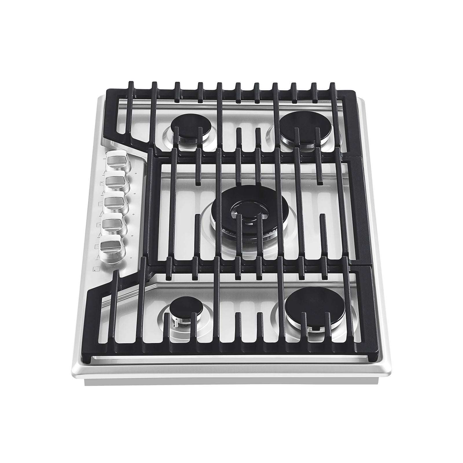 The Empava 36 In. Built-in Gas Stove Cooktop features a stainless steel design with five burners, compatible with both NG and LPG. The largest burner is centrally located and surrounded by four smaller burners, each equipped with black grates. Six control knobs are arranged vertically on the left side for easy access.