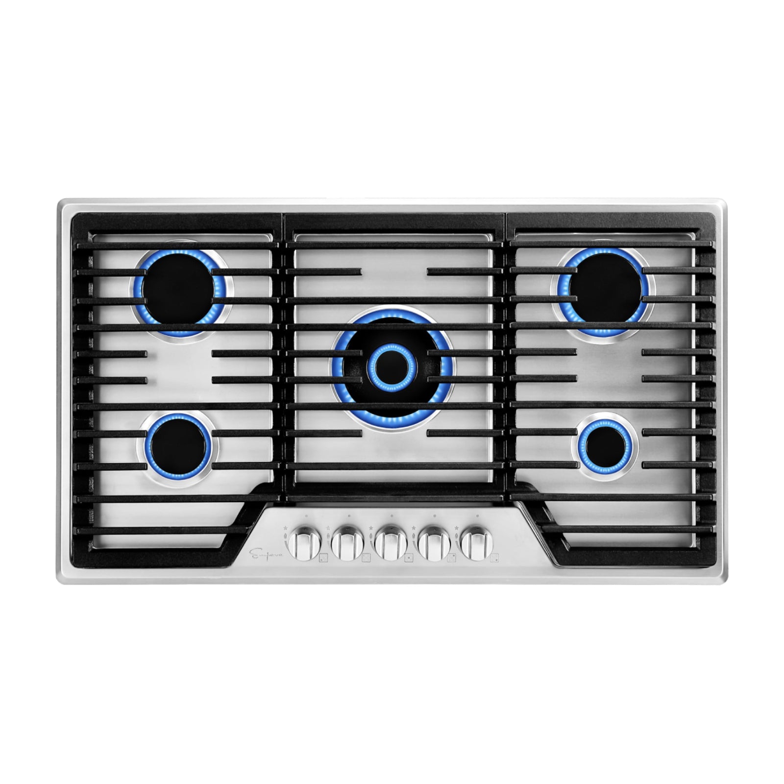 The Empava 36 In. Built-in Gas Stove Cooktop features a stainless steel design with five burners compatible with LPG or NG, each surrounded by black grates. The central burner is the largest, emitting visible blue flames along with the other burners. Below the burners are five control knobs arranged in a horizontal line.