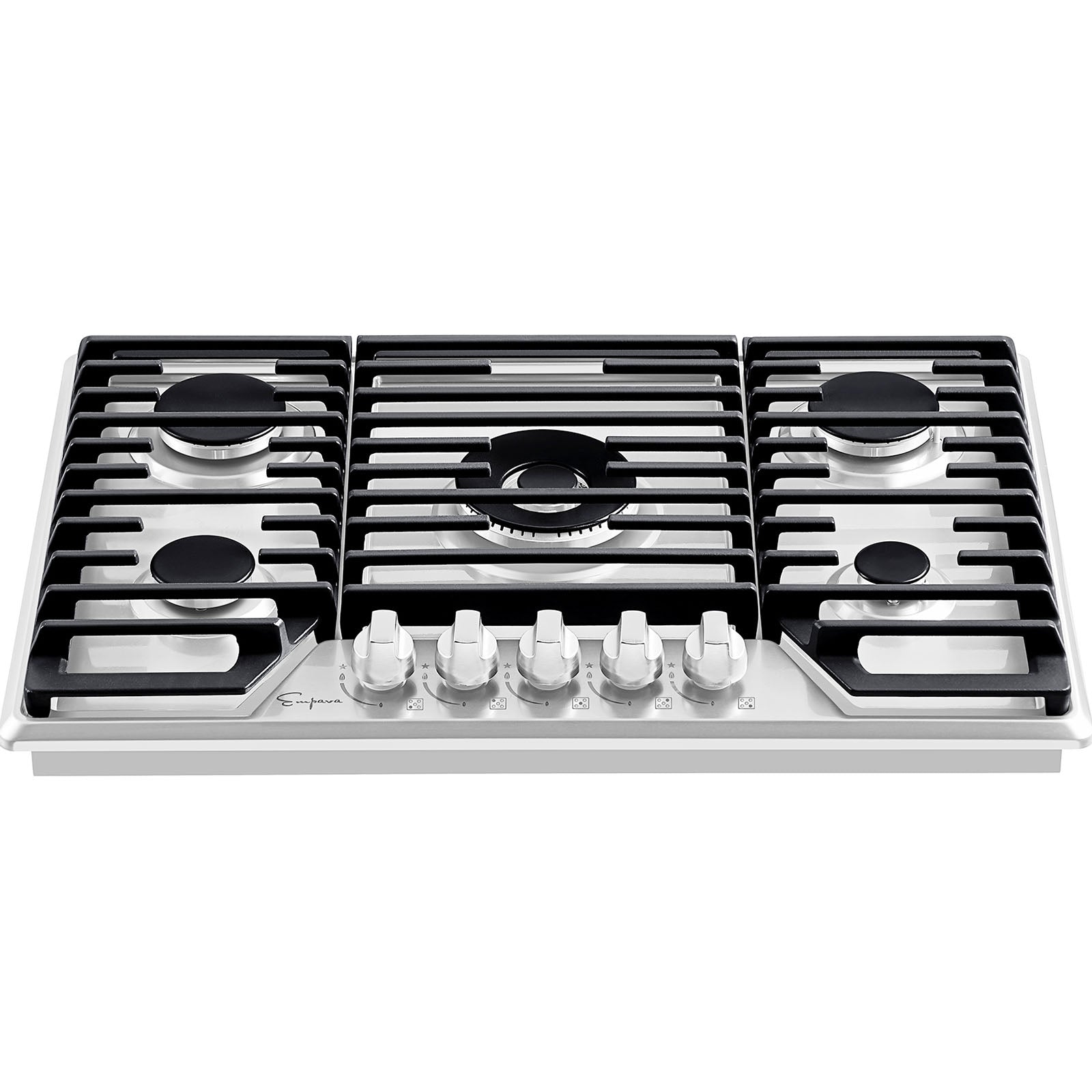 The Empava 36 In. Built-in Gas Stove Cooktop is designed with five burners arranged in a pattern. It includes black iron grates, metal knobs, and an integrated control panel located at the front center, and is compatible with both LPG and NG.