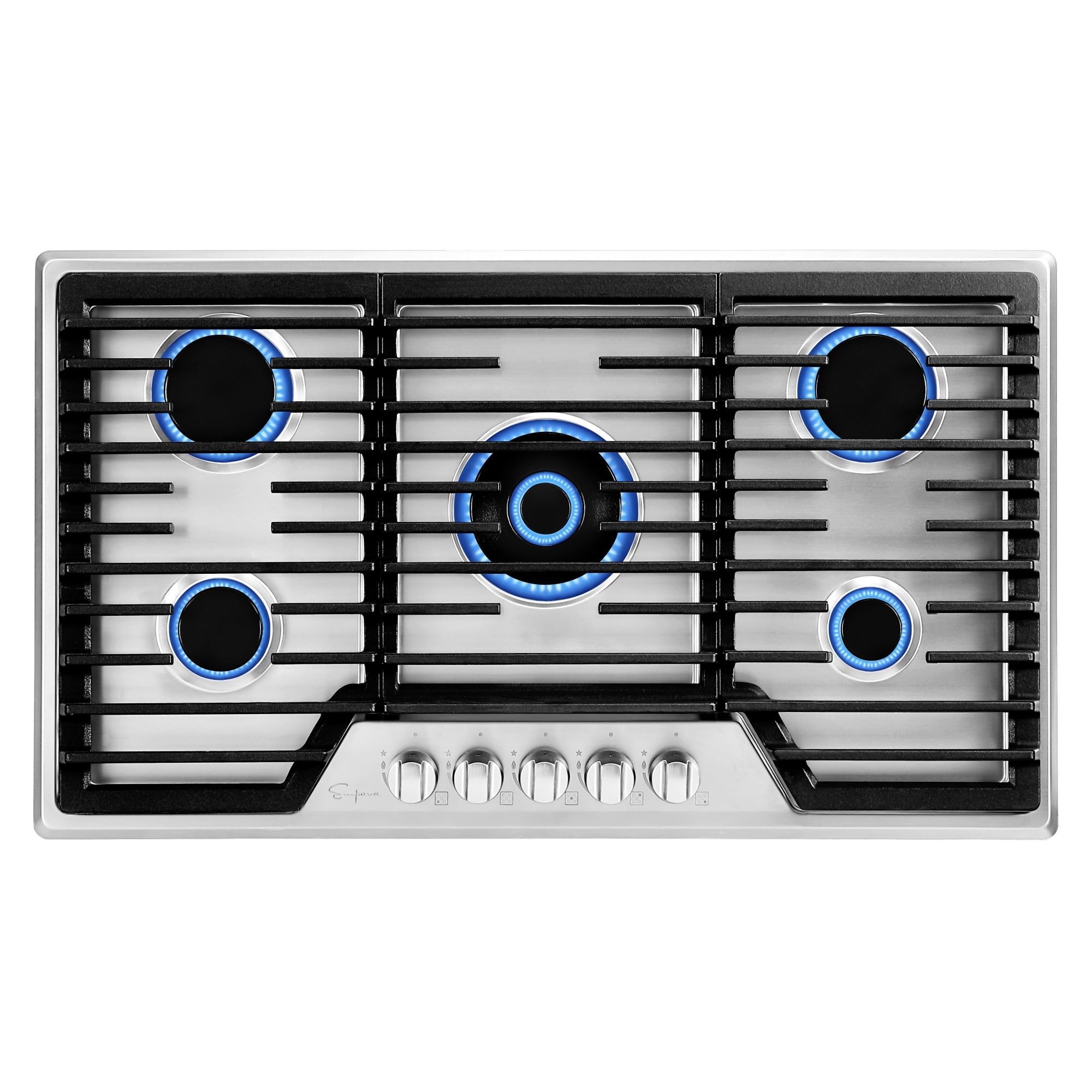 Top view of the Empava 36 In. Built-in Gas Stove Cooktop, a stainless steel gas cooktop featuring five burners outlined with blue light. This cooktop, compatible with both NG and LPG, boasts black grates covering the burners and six silver control knobs located at the front center. The design is modern and sleek.