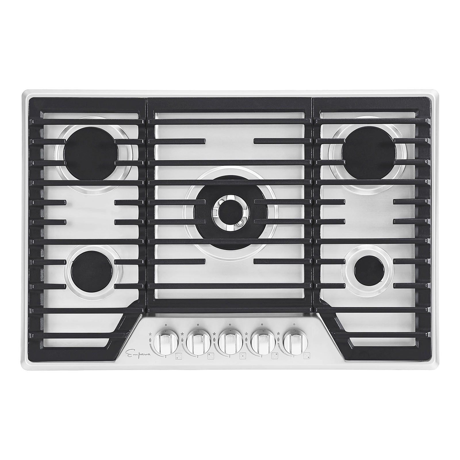 Top view of the Empava 36 In. Built-in Gas Stove Cooktop featuring five burners with black grates and a central control panel with six knobs at the front. This stainless steel cooktop, compatible with both NG and LPG, boasts a sleek, modern design and durable build.