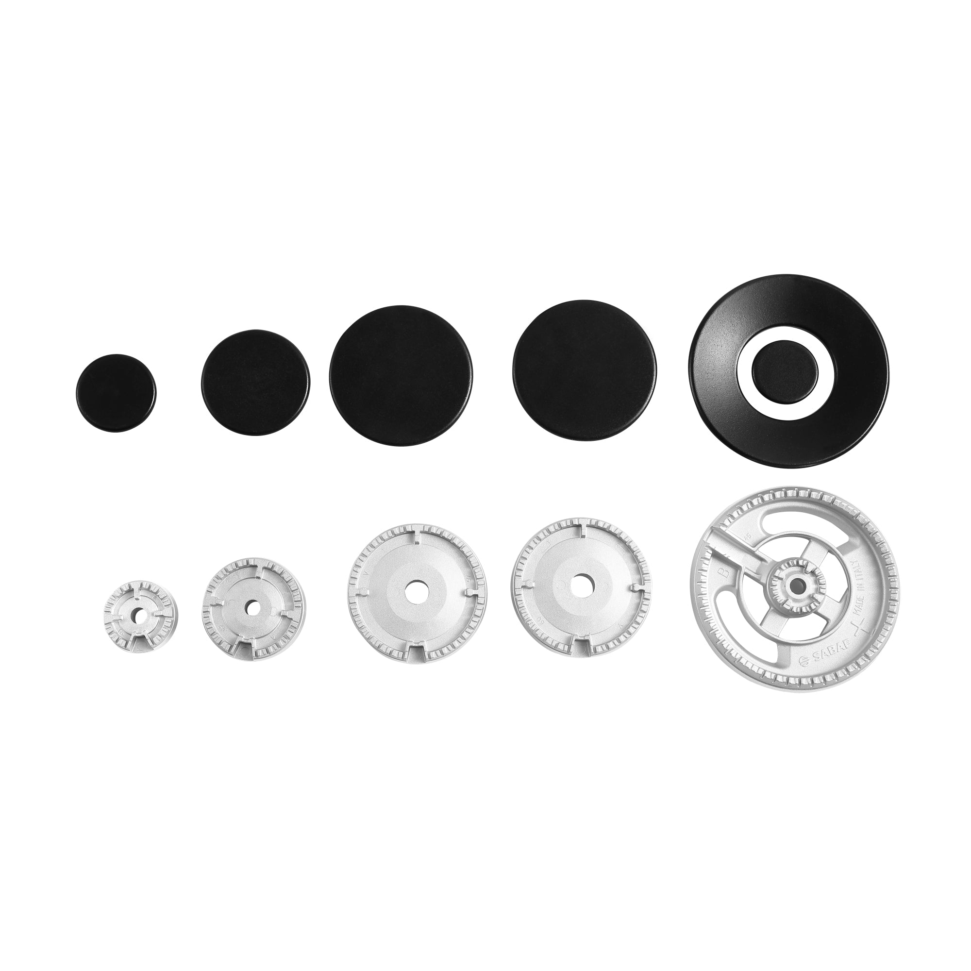 Image showcasing an arrangement of eight circular objects in two rows. The top row has five black discs, varying from small to large. The bottom row features one black disc and three silver, gear-like discs that resemble the burners of the Empava 36 In. Built-in Gas Stove Cooktop, also varying in size from small to large.