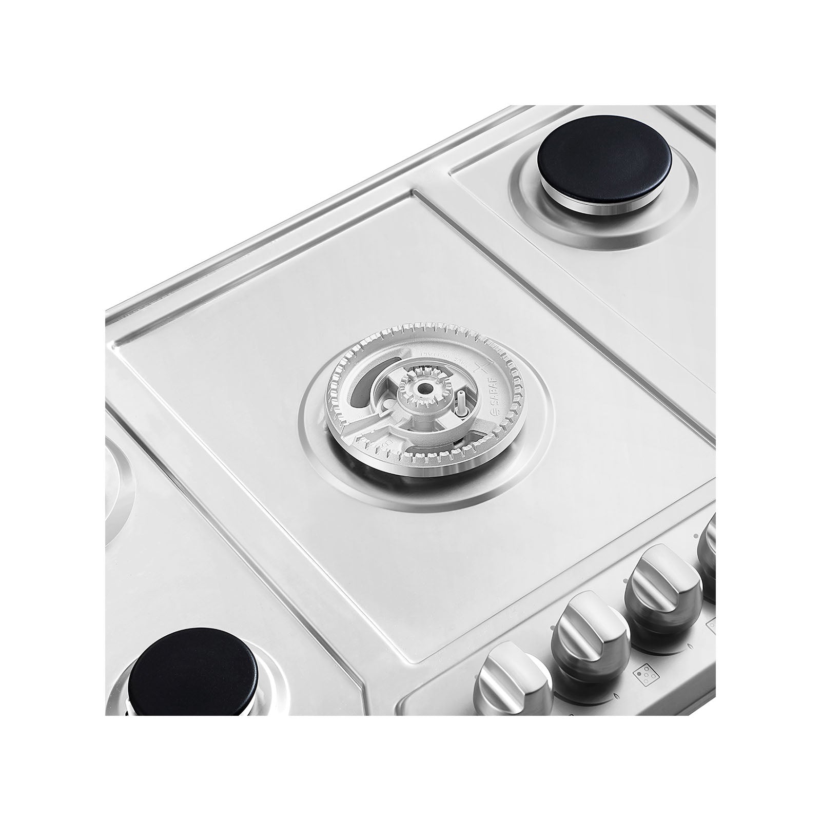 Close-up view of the Empava 36 In. Built-in Gas Stove Cooktop with unlit stainless steel burners and control knobs. This versatile stove, compatible with both LPG and NG, features a central burner with a circular design, surrounded by control knobs for adjusting the flame intensity. The overall appearance is sleek and modern.