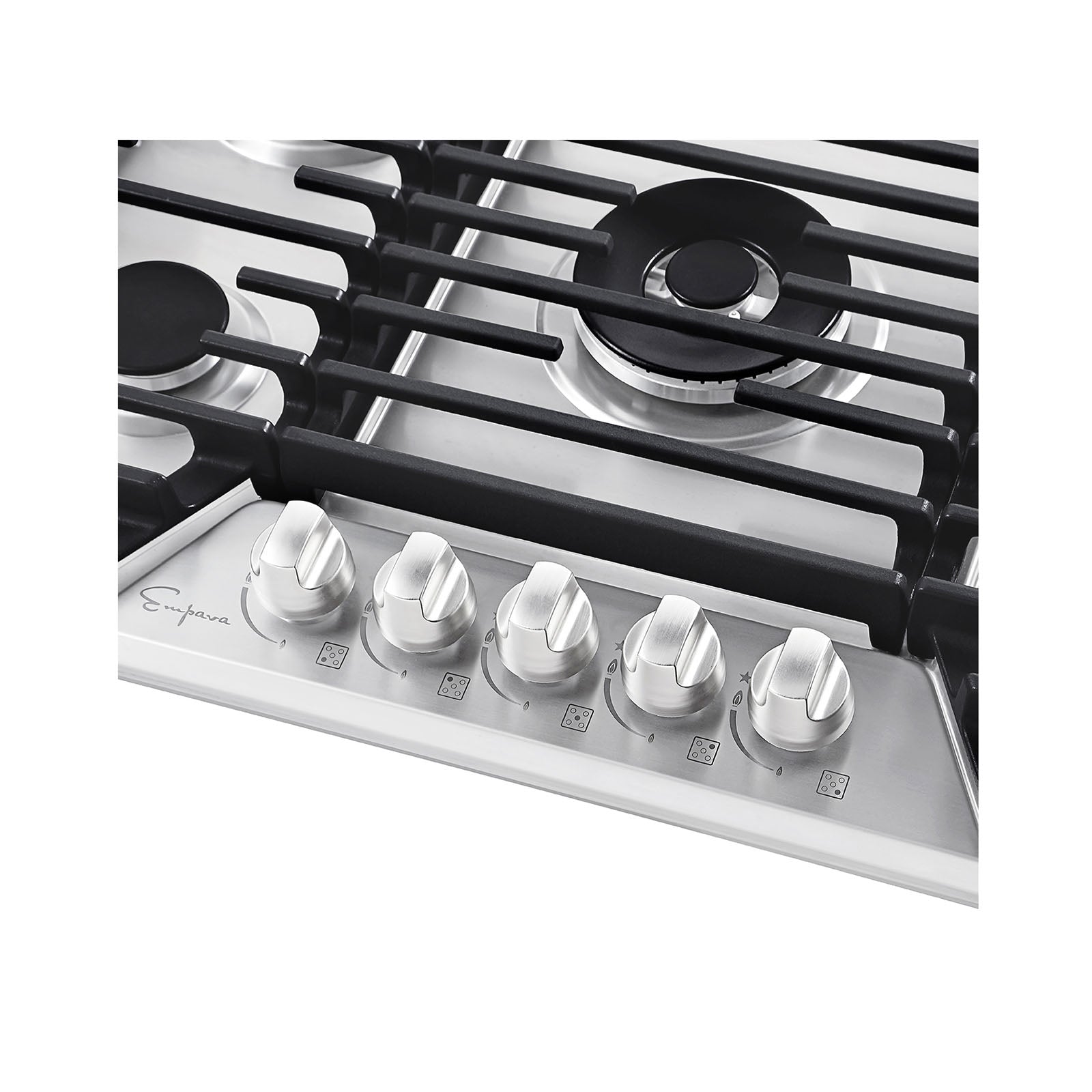 A detailed look at the Empava 36 In. Built-in Gas Stove Cooktop showcases five front-mounted control knobs, multiple burners, sturdy black grates, and a sleek stainless steel design that is compatible with LPG.