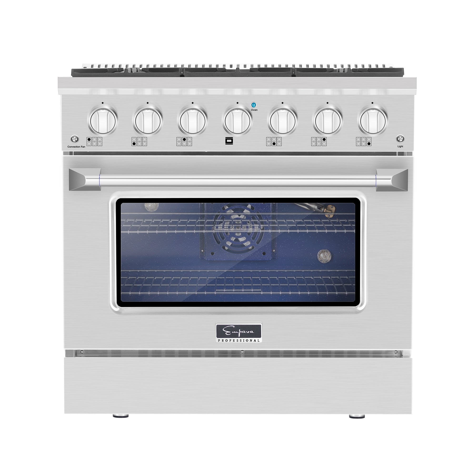 Introducing the Empava 36 In. Pro-Style Slide-In Single Oven Gas Range—a stainless steel professional-grade oven featuring six control knobs on the top front panel and a large windowed door. The expansive interior, visible through the window, reveals a spacious cooking compartment with multiple rack positions and a distinctive blue backside, offering a wide temperature range for versatile cooking needs.