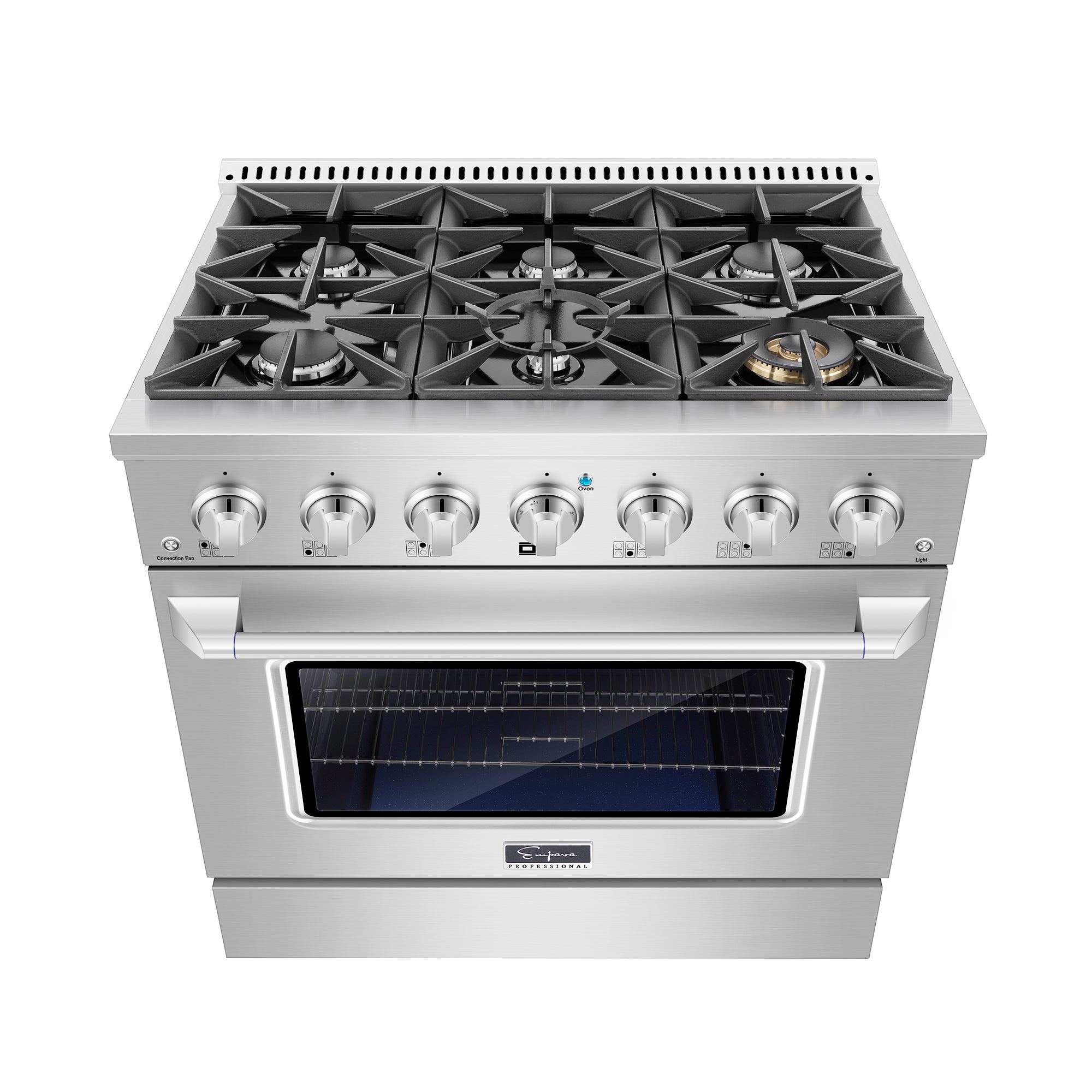 The Empava 36 In. Pro-Style Slide-In Single Oven Gas Range features six high-heat burners on top and an oven below. The control knobs are situated at the front along the edge above the oven door, which includes a window to view the interior. With its sleek, modern design and wide temperature range, this range suits various installation types.