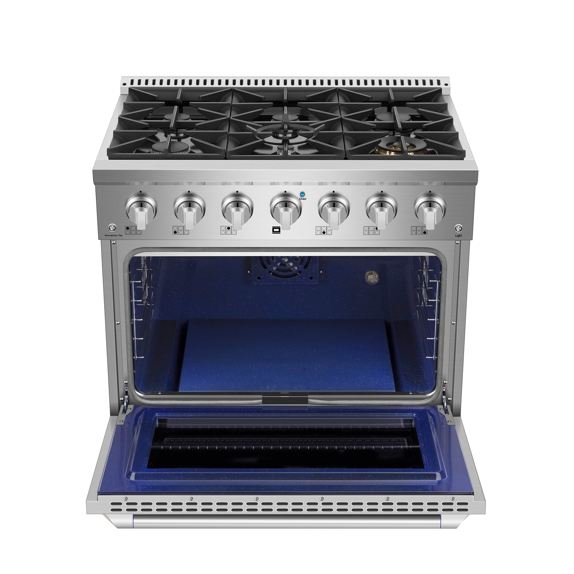 The Empava 36 In. Pro-Style Slide-In Single Oven Gas Range features six burner dials above a spacious blue interior oven with the door open. The stovetop includes variously sized burners that offer high heat, while the oven interior, featuring multiple rack positions, provides a wide temperature range for versatile cooking.