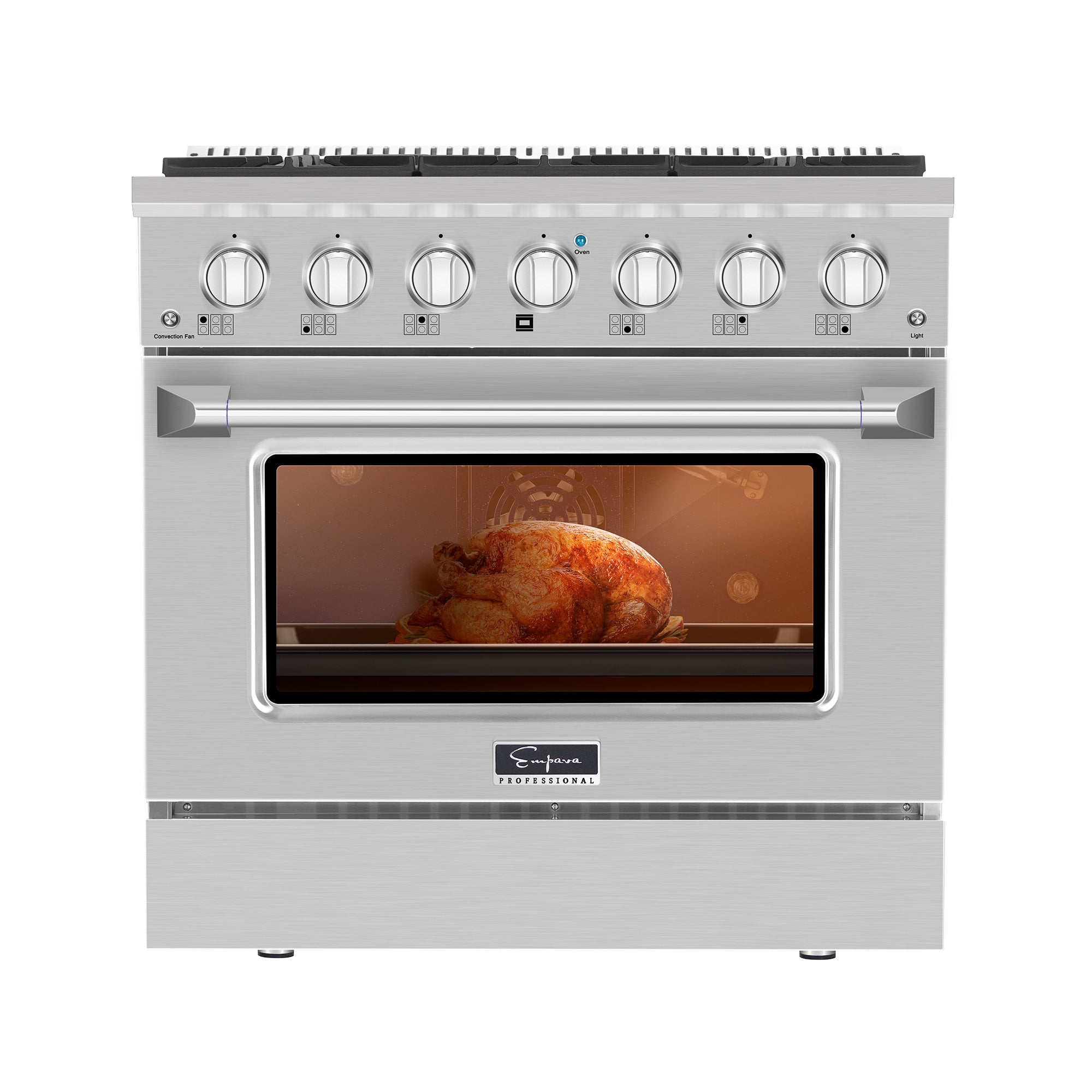 The Empava 36 In. Pro-Style Slide-In Single Oven Gas Range features a stainless steel exterior with six control knobs and a digital display on top. The oven door, emblazoned with the Empava logo, has a large, clear glass window that reveals a roasted chicken inside. Suitable for various installation types, this gas range offers high heat capabilities and a wide temperature range.