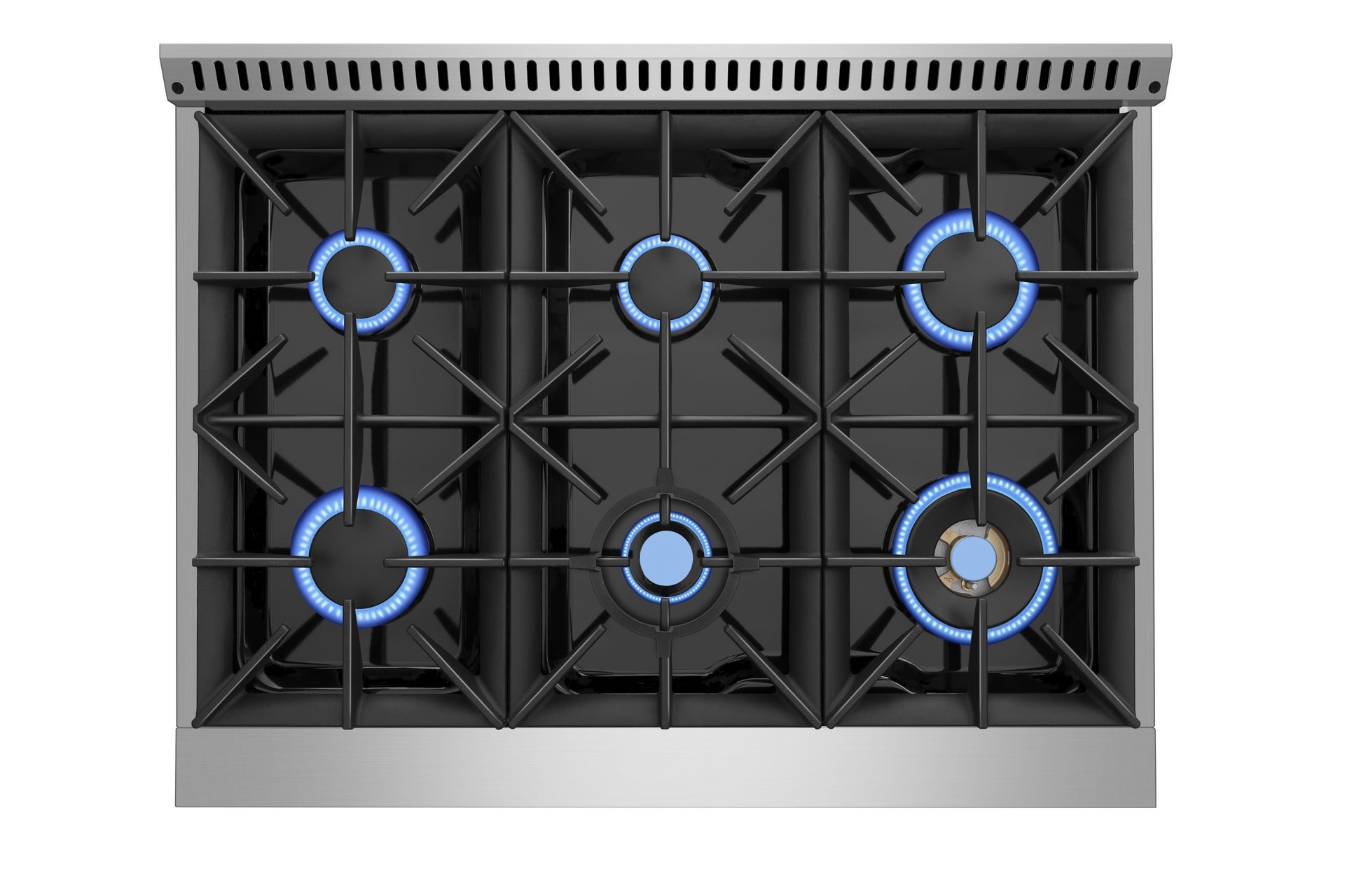 A top-down view of the Empava 36 In. Pro-Style Slide-In Single Oven Gas Range showcases its stainless steel gas cooktop with five burners, all ignited with blue flames. It features sturdy black grates and centrally arranged knobs, along with a vented section at the back. Known for its wide temperature range and high heat capabilities, this cooktop is clean and modern in design.