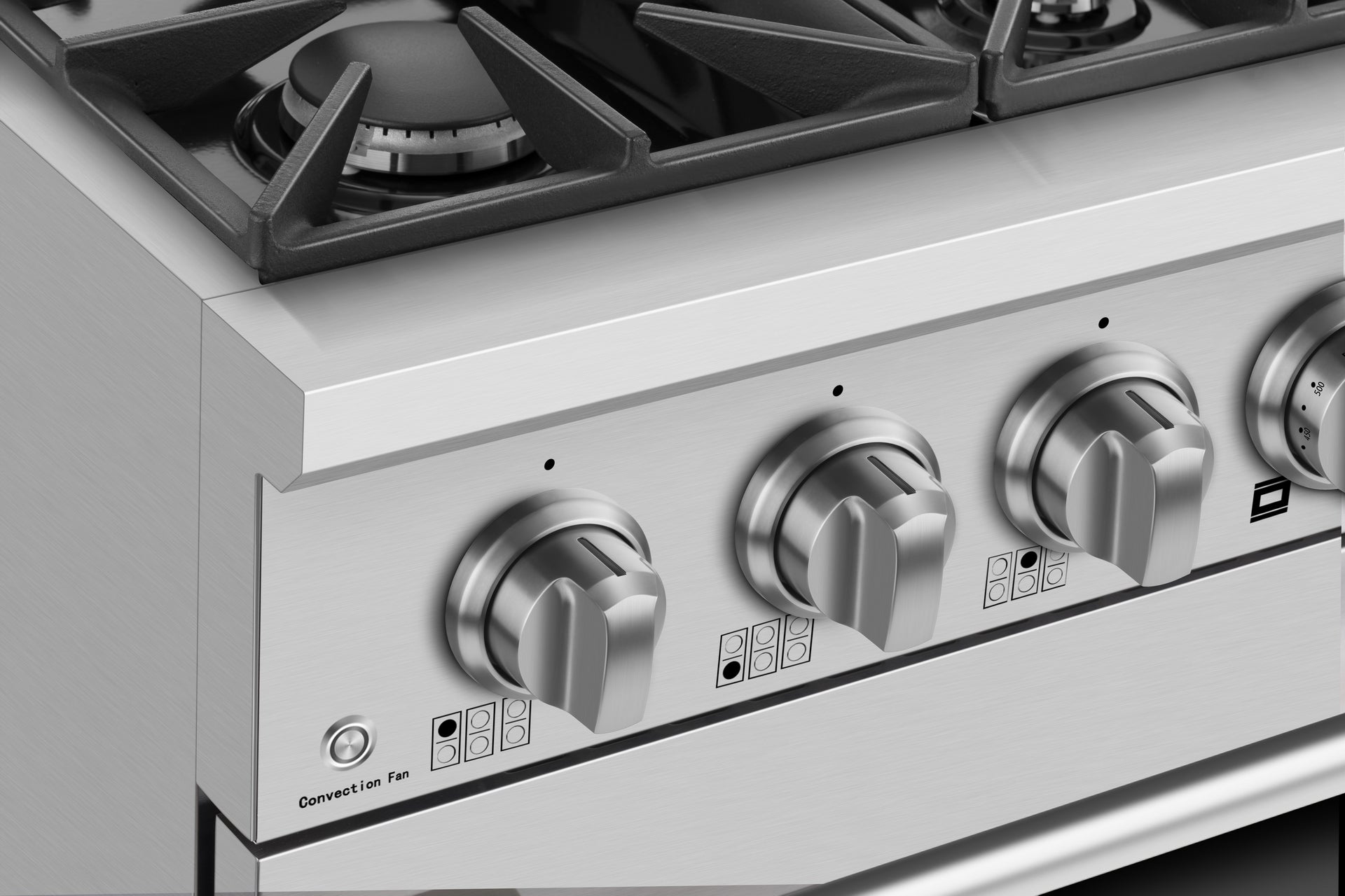 A close-up view of the Empava 36 In. Pro-Style Slide-In Single Oven Gas Range showcases its stainless steel finish with three control knobs. The stove features four burners, two of which are partially visible, and offers a wide temperature range. The control panel displays various symbols and settings for operating the burners, all housed within a sleek and modern design.