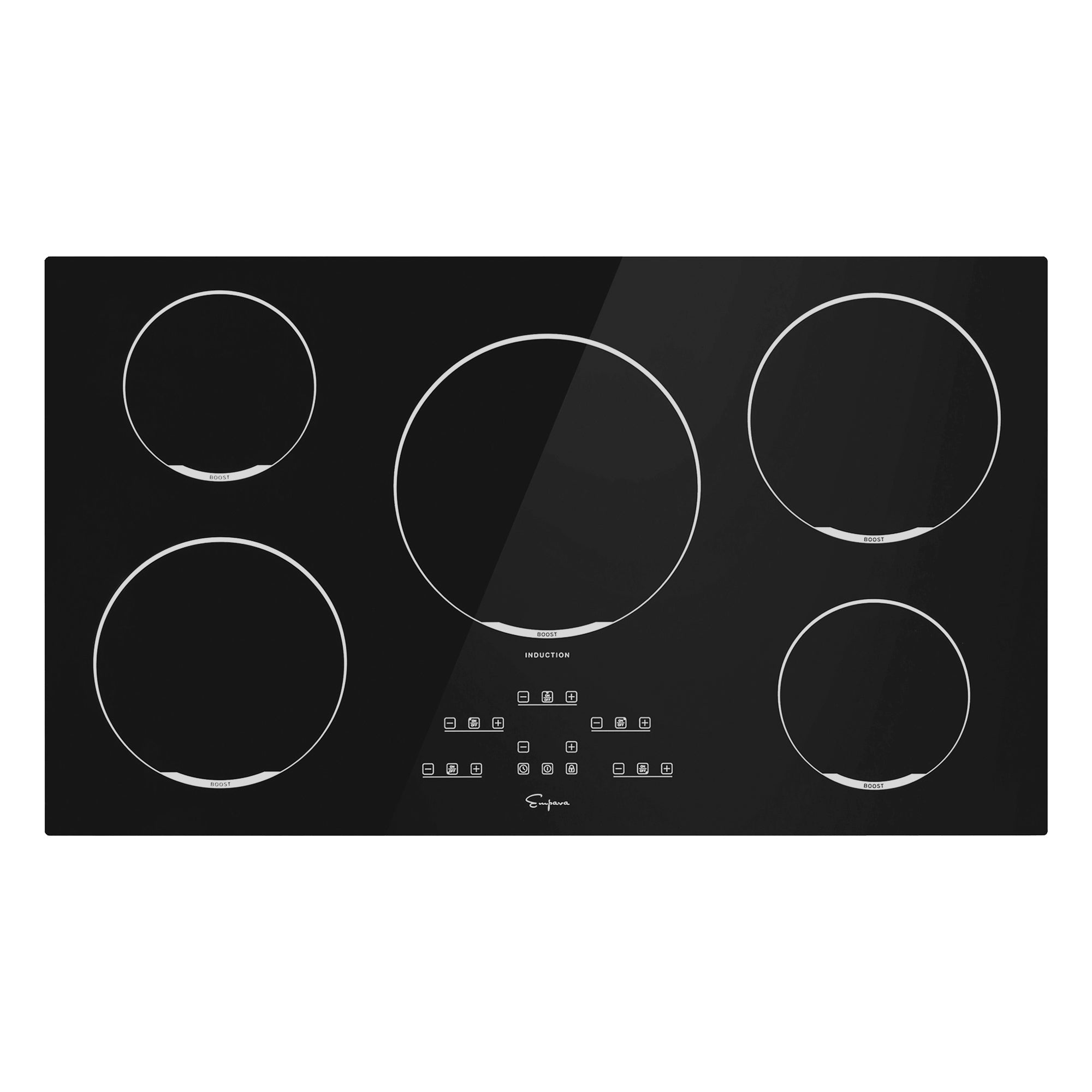 The Empava 36 Inch 5 Elements Black Induction Cooktop showcases five circular cooking zones of varying sizes, including a large central zone, two medium zones on the left side, and two small zones on the right. Centrally located below these circles are integrated touch control buttons that enable precise power settings for each burner.