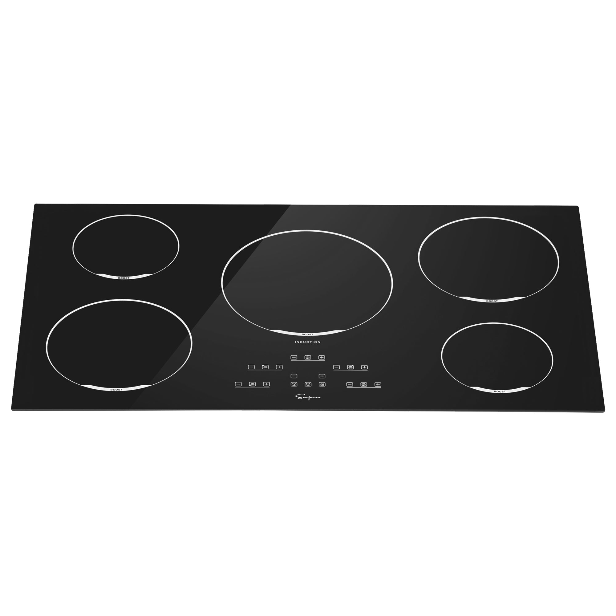 The Empava 36 Inch 5 Elements Black Induction Cooktop features five circular burners of varying sizes and a black glass-ceramic surface. The touch control panel, located near the center bottom, includes digital controls for power settings for each burner. This sleek and modern cooktop ensures efficient cooking and adds sophisticated style to any kitchen.