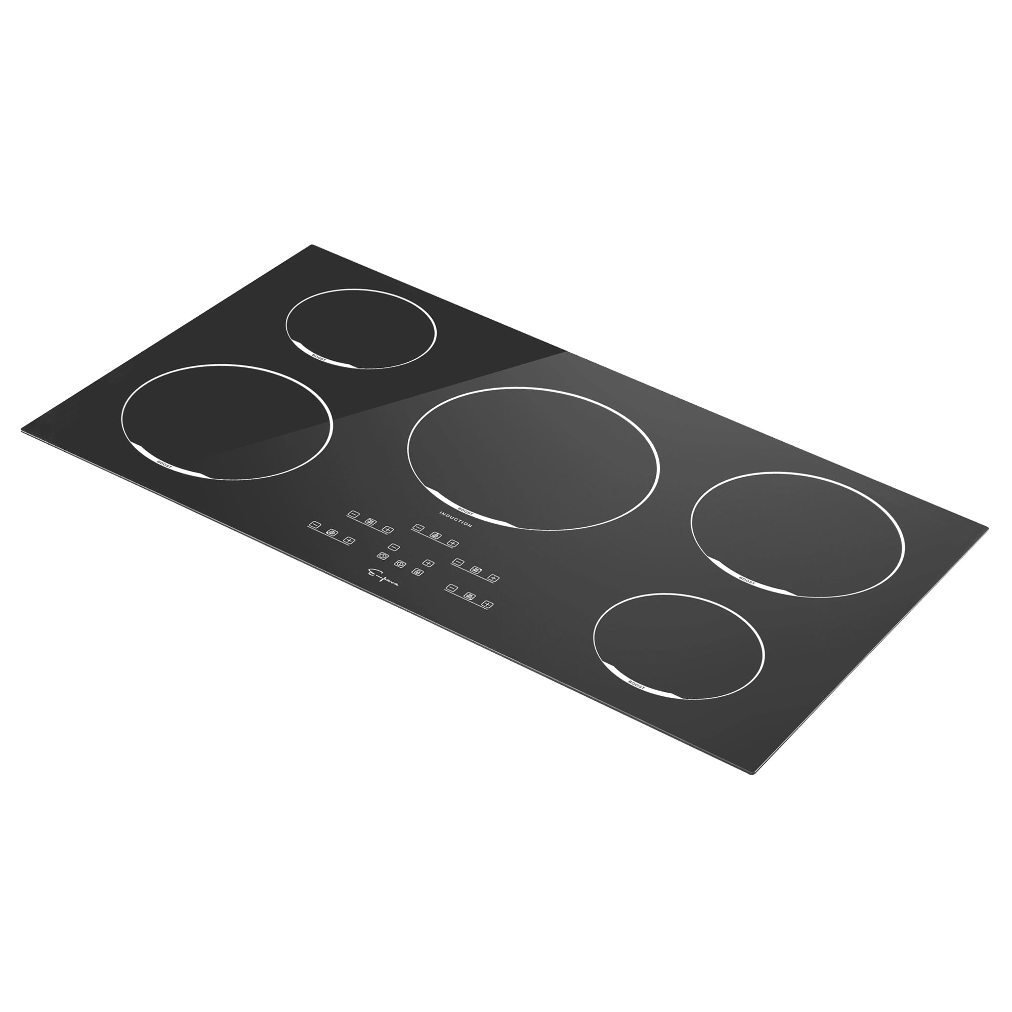 The Empava 36 Inch 5 Elements Black Induction Cooktop boasts a sleek black design and five burners in various sizes. It features touch controls centrally located on the front, along with icons that indicate power levels and burner placement. The cooktop's modern and minimalistic design ensures precise power settings for each burner.