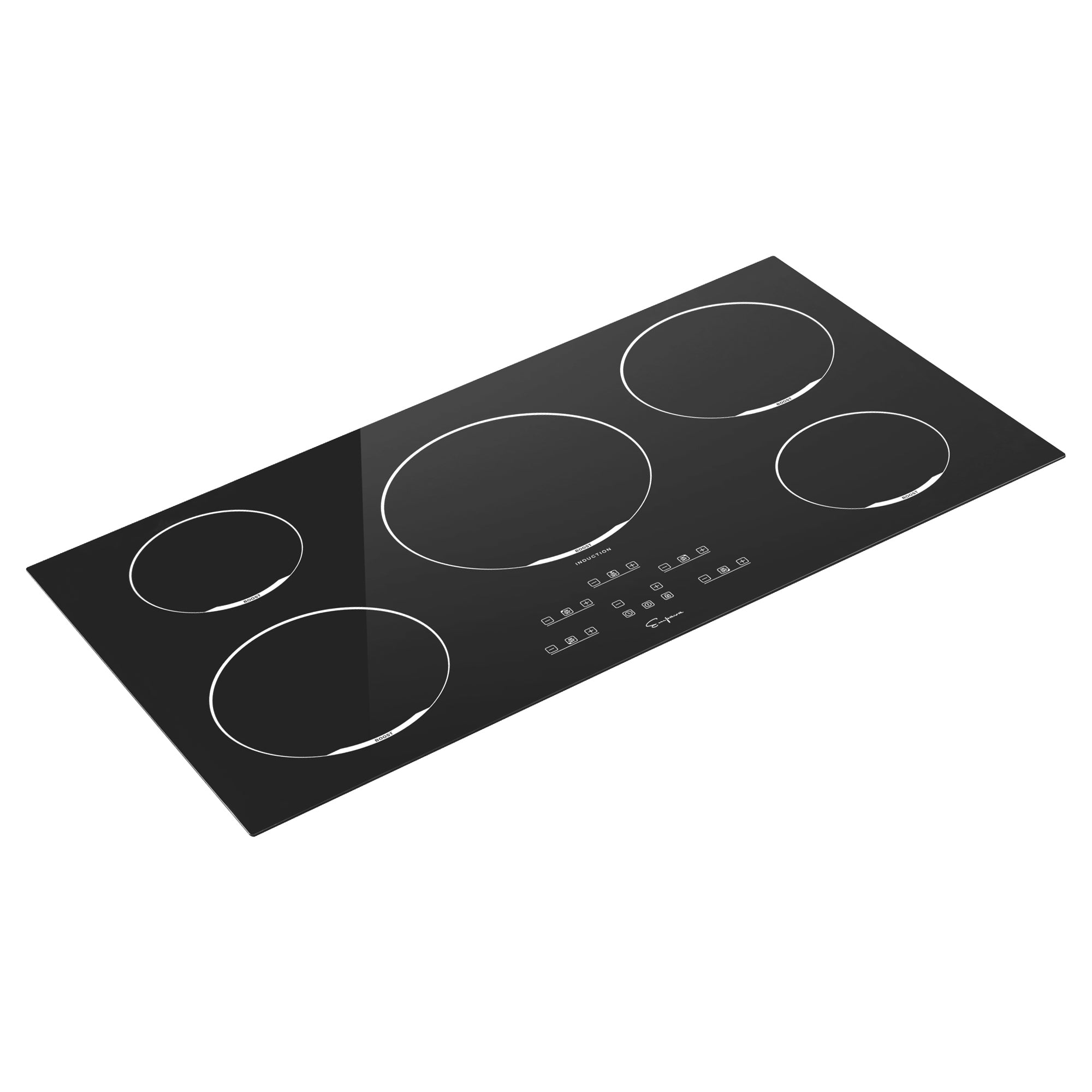 The Empava 36 Inch 5 Elements Black Induction Cooktop features a sleek, glossy surface with five circular burners of varying sizes. The cooktop is equipped with touch controls at the bottom center, providing power settings and various cooking modes.