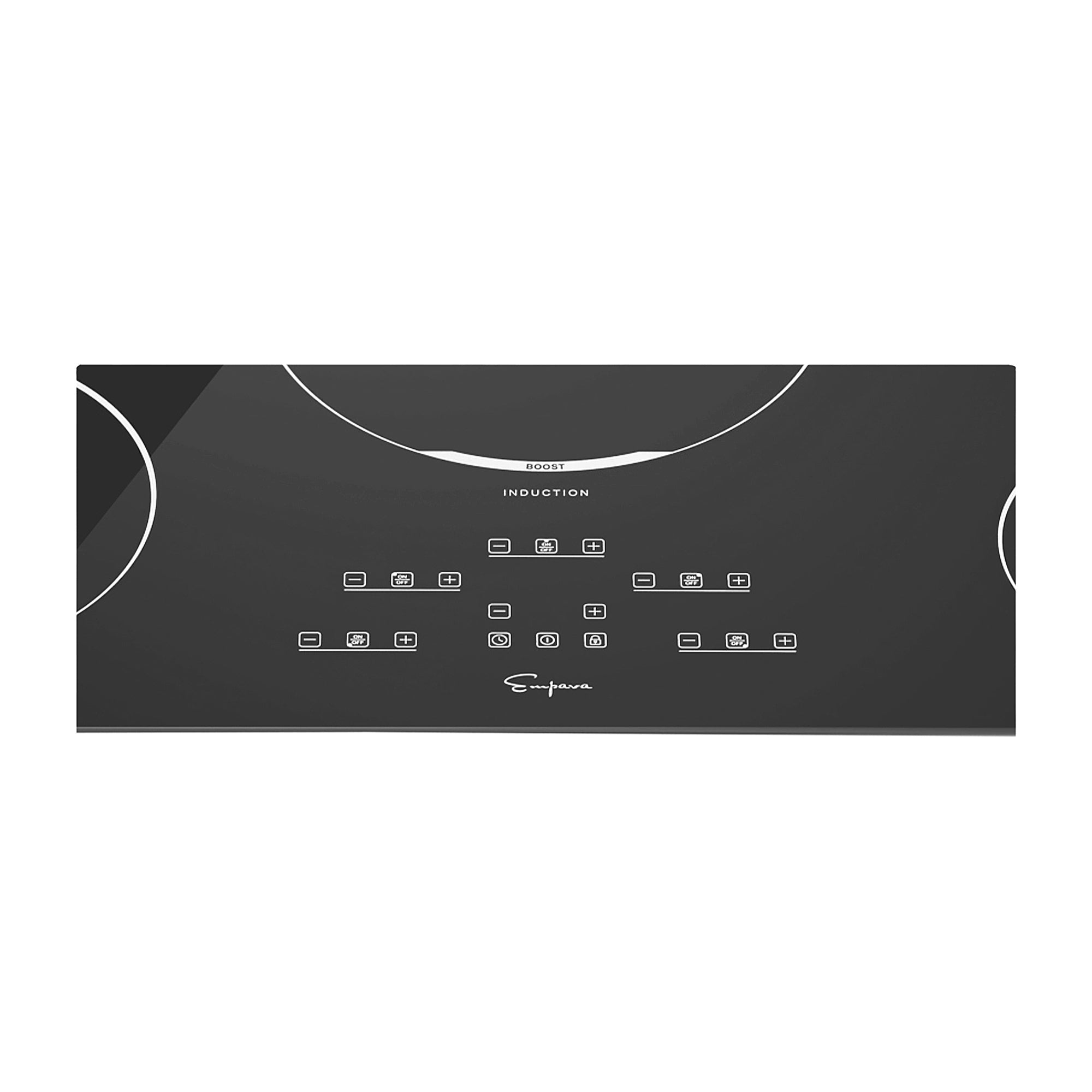 The Empava 36 Inch 5 Elements Black Induction Cooktop boasts sleek touch controls, an illuminated display panel, and five cooking zones indicated by white outlines. It features multiple buttons for various functions arranged in a symmetrical pattern, along with easily adjustable power settings.