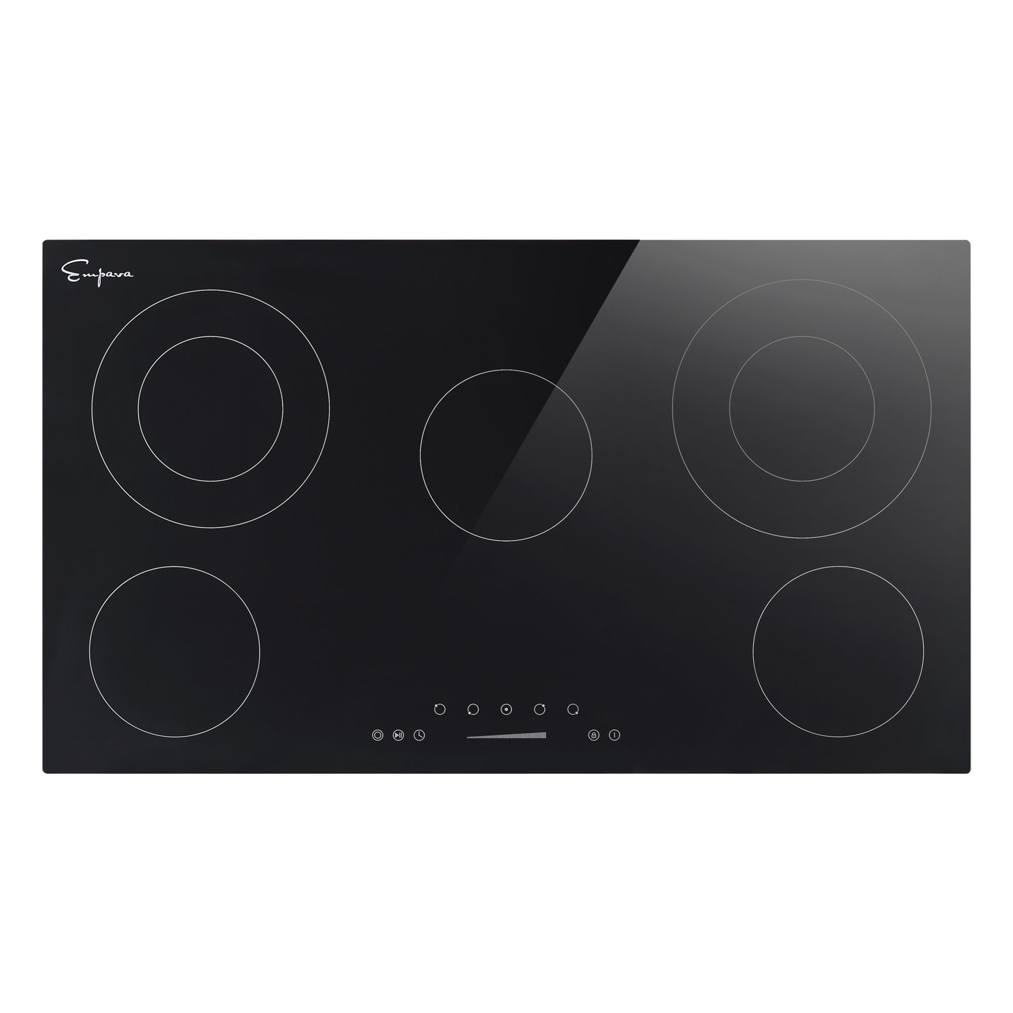 The Empava 36 Inch Black Electric Radiant Cooktop features five circular heating elements and centrally located touch controls beneath the burners. It boasts six power settings and a timer for precision cooking. A logo in the top left corner completes its sleek, minimalistic design.