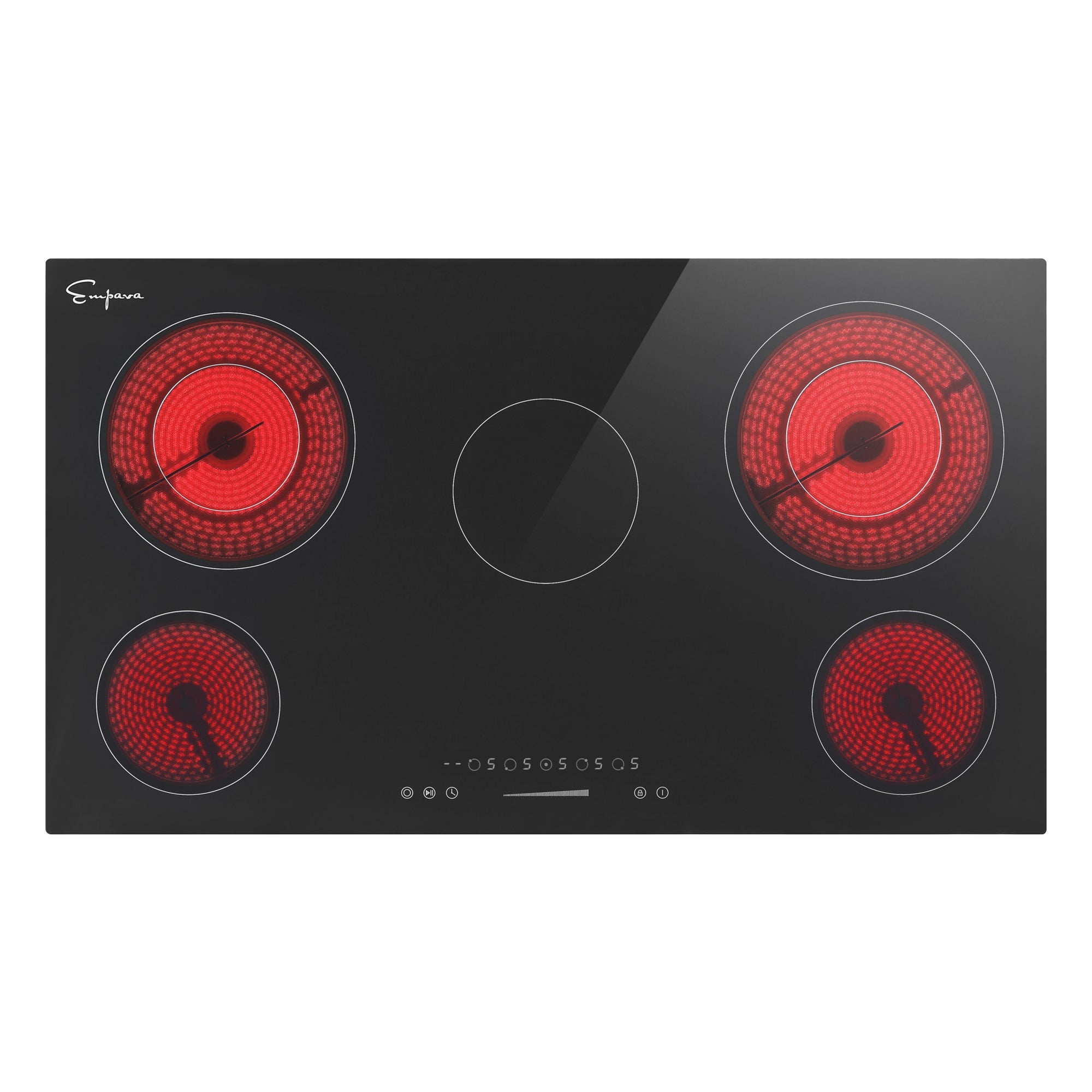 The Empava 36 Inch Black Electric Radiant Cooktop features four red-lit heating elements arranged in a rectangular configuration. The sleek surface includes touch controls at the front center and a small emblem on the top left corner. Each circular heating element glows brightly when turned on, showcasing its impressive design. It also offers 6 power settings and a timer for added convenience.