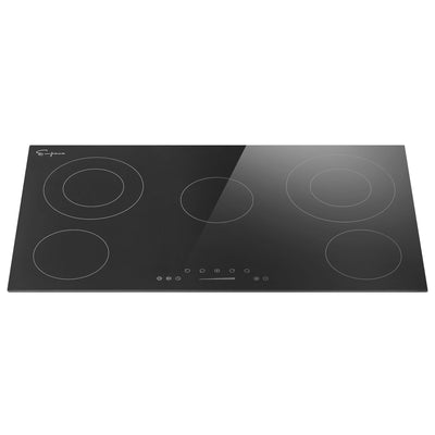 The Empava 36 Inch Black Electric Radiant Cooktop is a sleek glass-ceramic cooktop featuring five heating zones of varying sizes. It includes touch-sensitive controls along the front edge for power and temperature settings, offering six power levels on a reflective black surface.