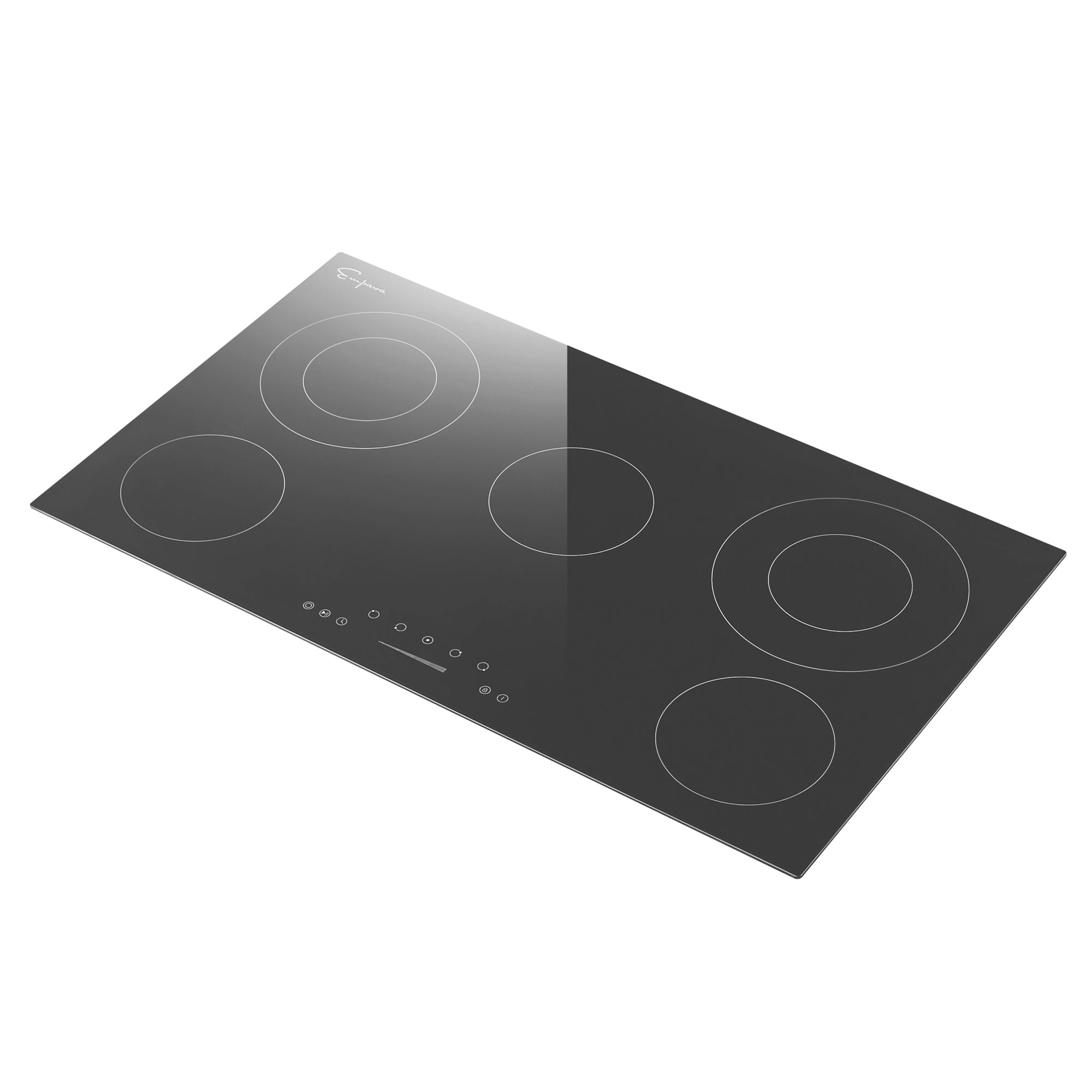 The Empava 36 Inch Black Electric Radiant Cooktop features a sleek black glass-ceramic surface with five circular burners of different sizes. It includes touch controls with 6 power settings and a timer, conveniently situated in the center front. The cooktop exhibits a minimalist design, free of knobs or raised elements, resulting in a modern and clean appearance.