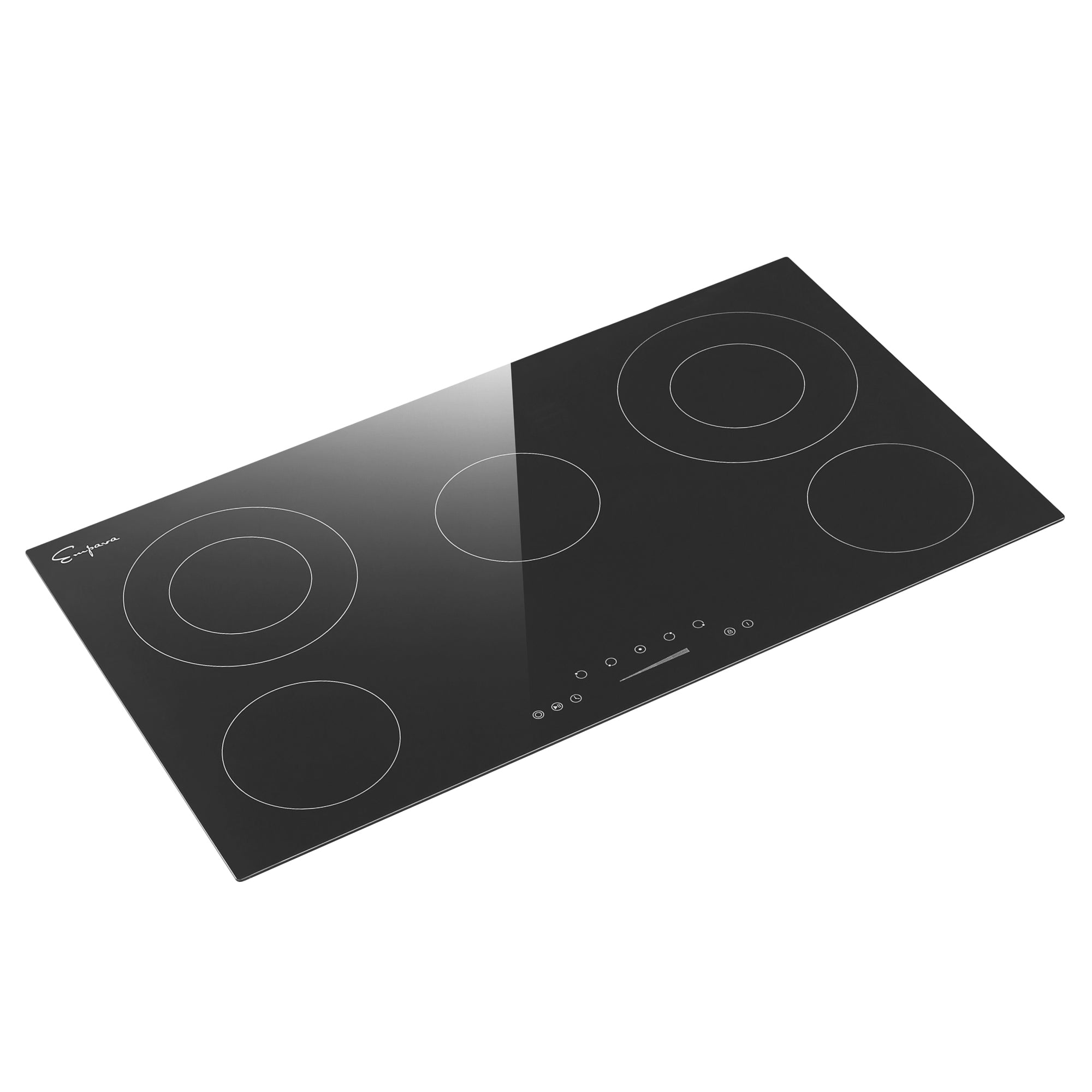 The Empava 36 Inch Black Electric Radiant Cooktop boasts a sleek design with five burners featuring minimalist white outlines. Its touch controls are centrally located at the bottom, offering 6 power settings and a timer. An elegant signature logo adorns the top left corner.