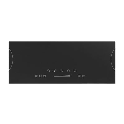 The Empava 36 Inch Black Electric Radiant Cooktop boasts a sleek, black, rectangular touch control panel with a minimalistic design. It features an array of small, circular touch buttons in the center and curved lines at both ends that may indicate touch zones or functional areas, engineered to efficiently manage 5 burners with 6 power settings.