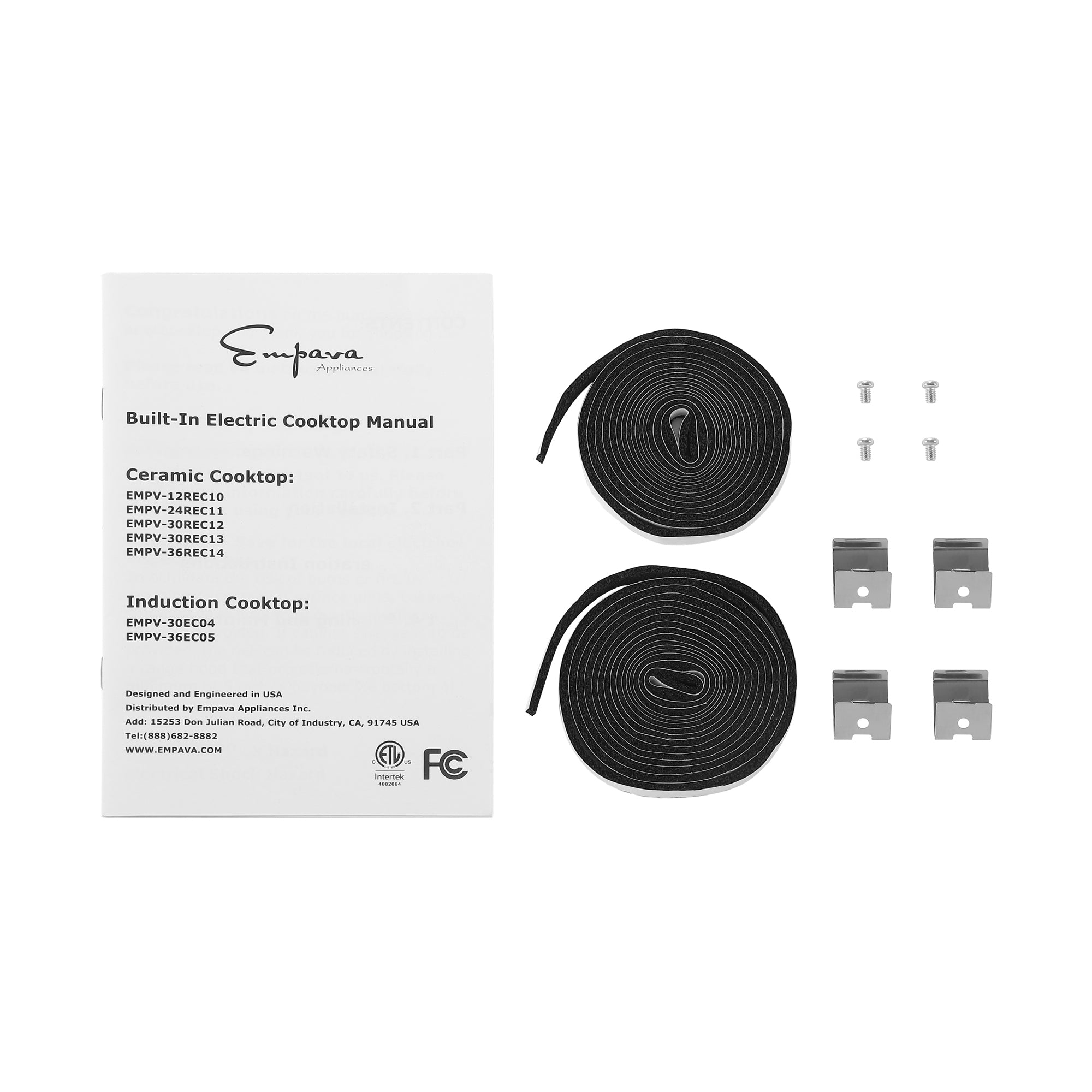 Components for installing an Empava 36 Inch Black Electric Radiant Cooktop, including a manual, two rolls of black sealing tape, screws, and metal brackets. The manual lists various models for ceramic and induction cooktops with up to 5 burners and 6 power settings.