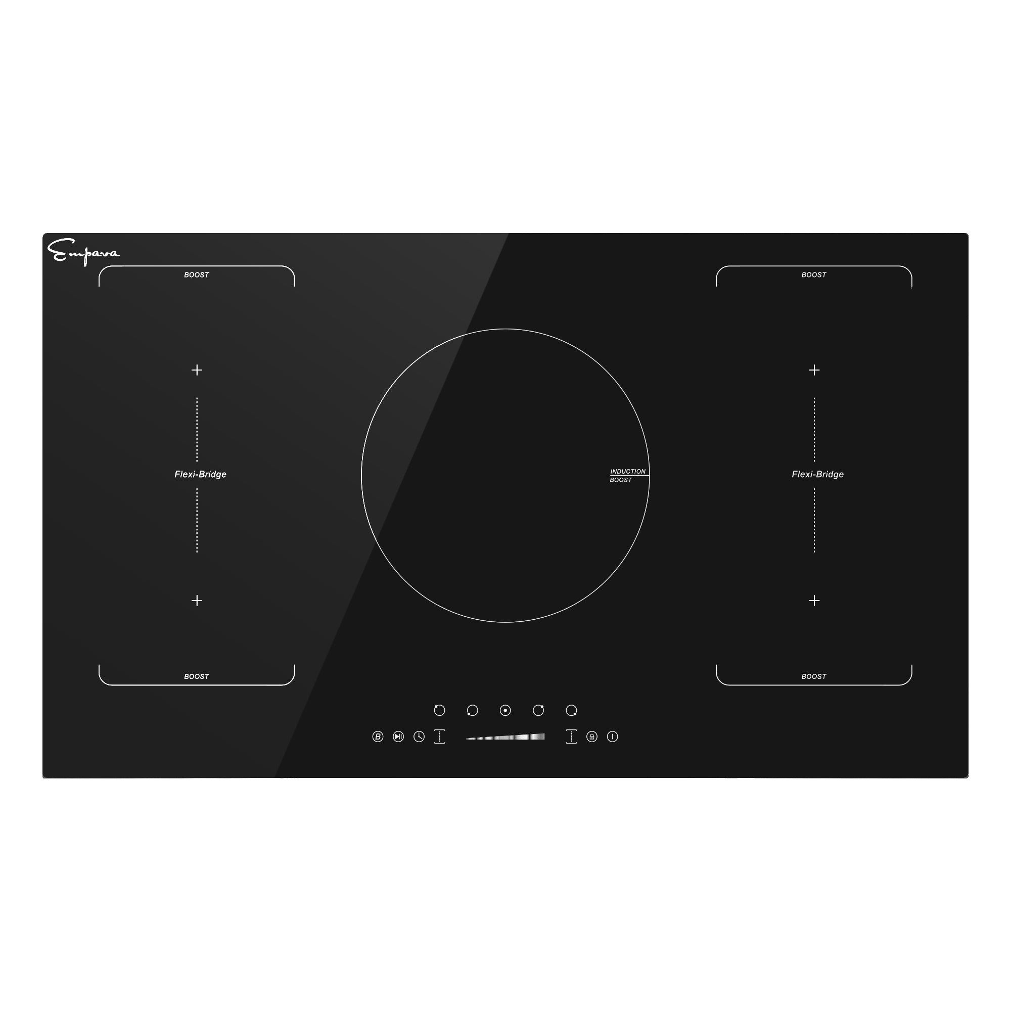 The Empava 36 Inch Black Electric Stove Induction Cooktop is a sleek 3600W black glass appliance featuring five heating zones. It has one large central zone and two pairs of smaller burners on either side, each labeled with "BOOST" and a plus symbol. Touch control buttons are conveniently located at the bottom center of the cooktop.